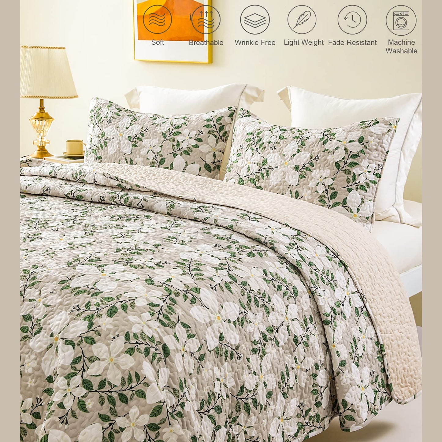Whale Flotilla Reversible Printed Quilt King Size, Extra Soft Boho Floral Leaf Bedspreads for Bed Lightweight King Quilt Bedding Set Coverlets with 2 Pillow Shams for All Seasons, White Bone