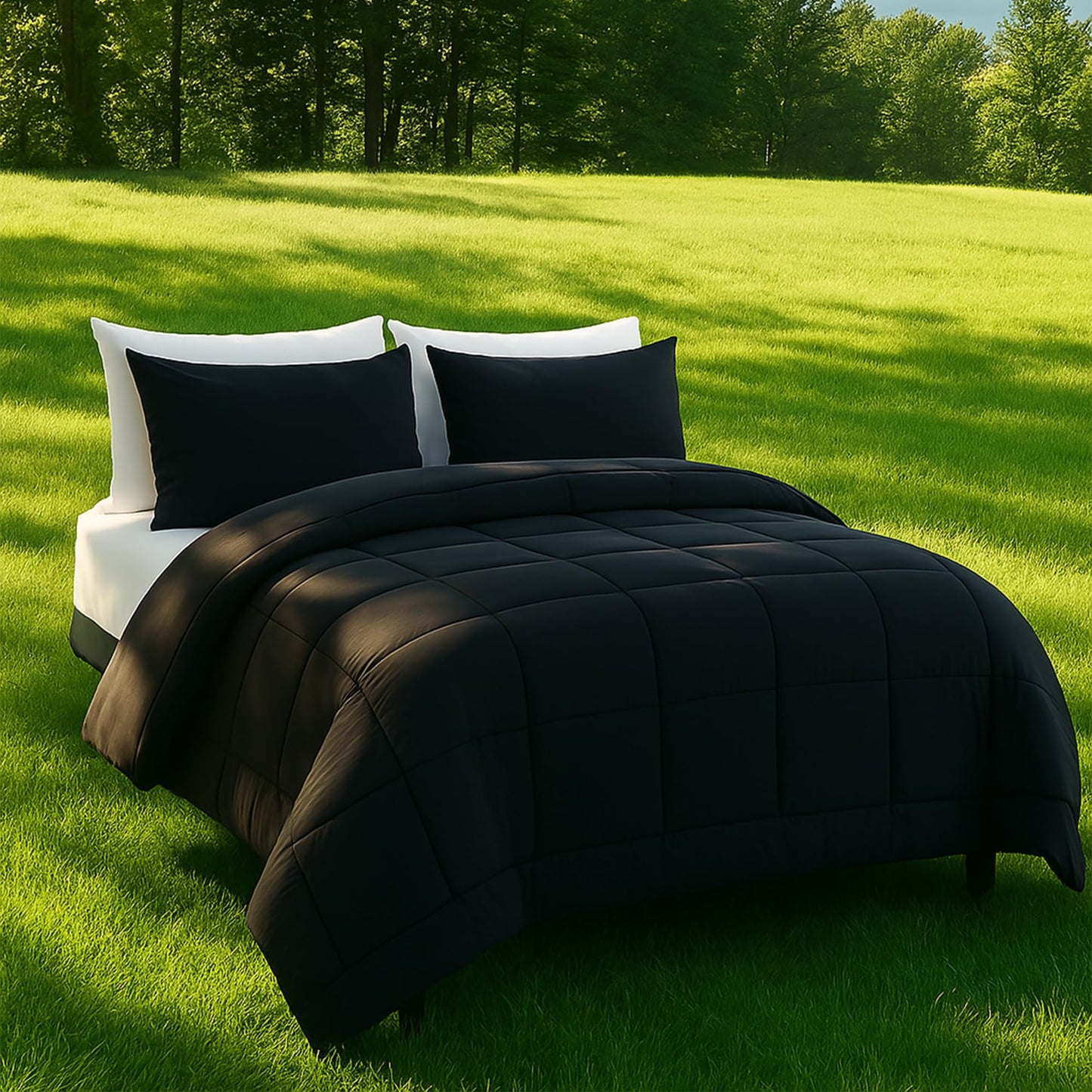 DOWNCOOL Queen Comforter Set -All Season Queen Bed Set with 2 Pillow Cases-3 Pieces Bedding Sets Queen -Down Alternative Black Queen Size Comforter Sets(88"x92")