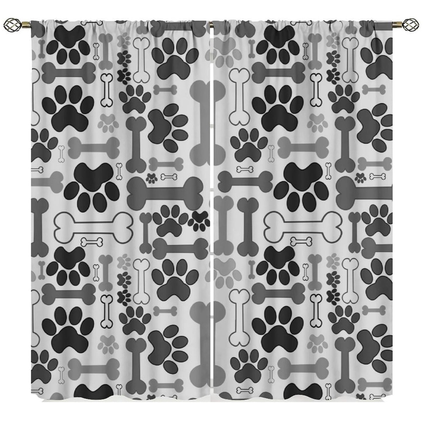 Yearn Jear Dog Paw Print Curtains, Grey Cartoon Dog Paw and Bones Window Treatment Thermal Insulated Curtain for Kids Living Room Bedroom 2 Panels Set, 42x45 inch Decor