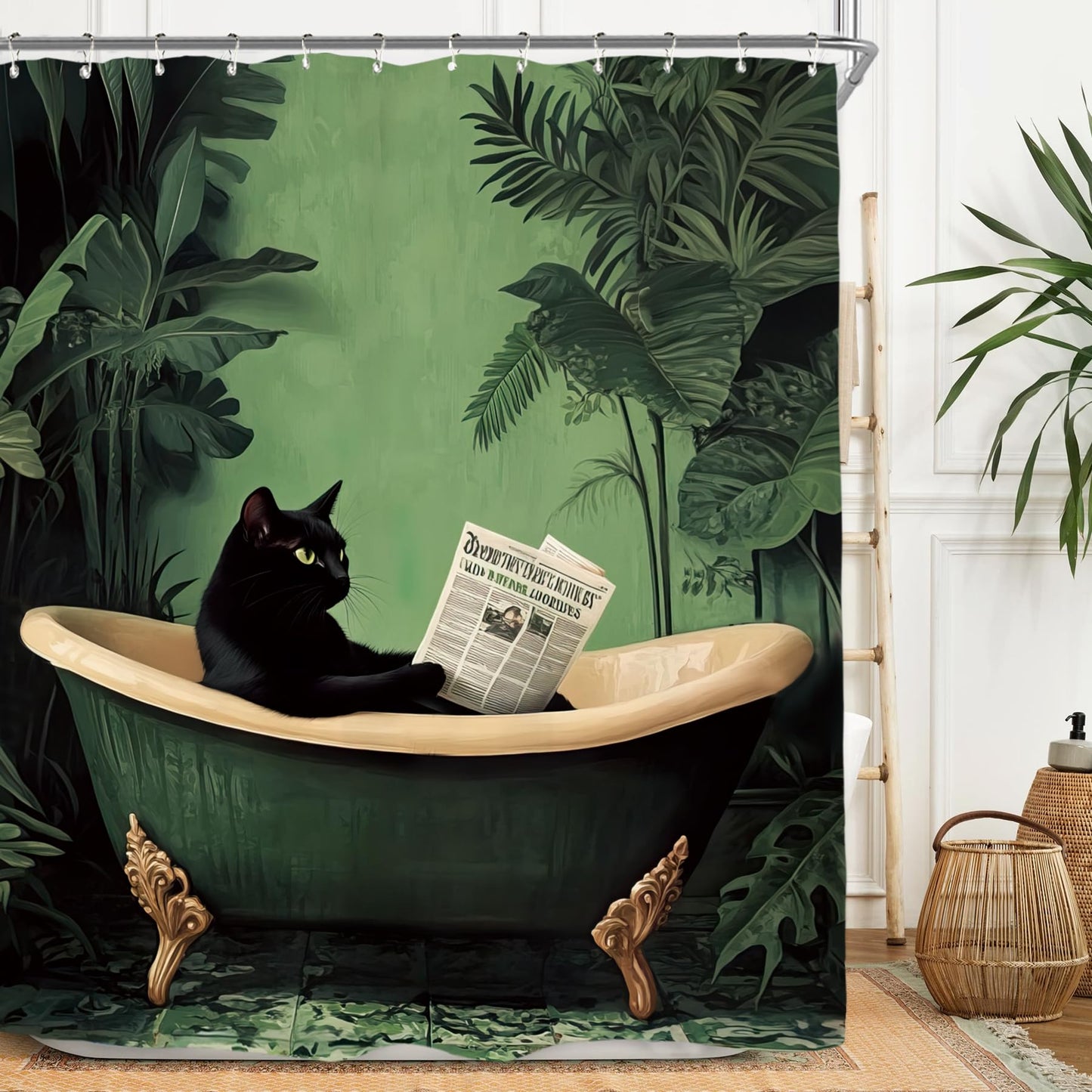 Miyotaa Funny Black Cat Shower Curtain Set 60Wx71H Inches Animal Hilarious Vintage Tropical Leaves Green Plant Polyester Waterproof Cloth Bathroom Curtain with 12 Hooks