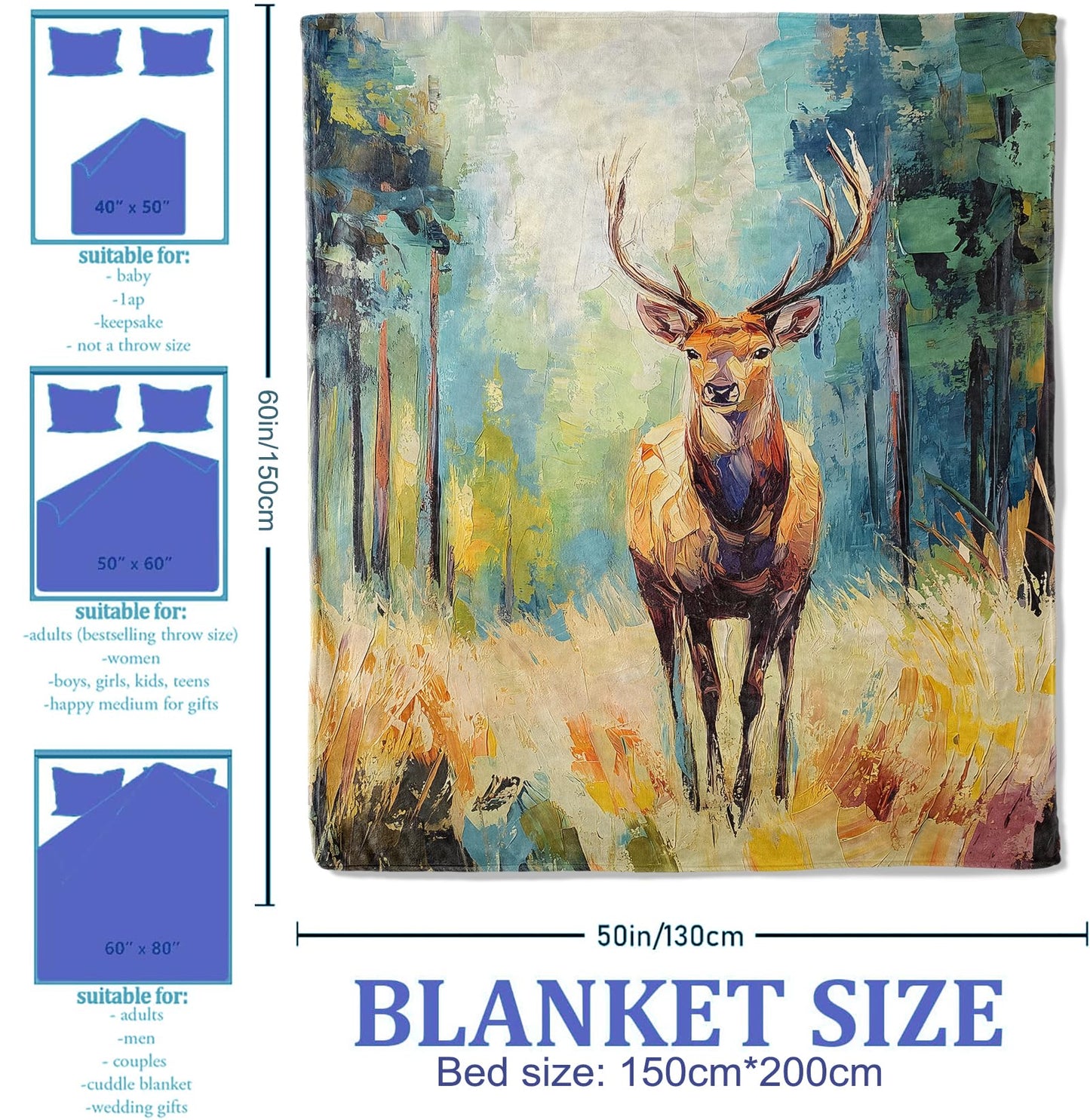 Plistiz Deer Throw Blanket 50"x60", Forest Theme Blanket for Living Room, Soft Flannel Deer Gift for Adults and Women