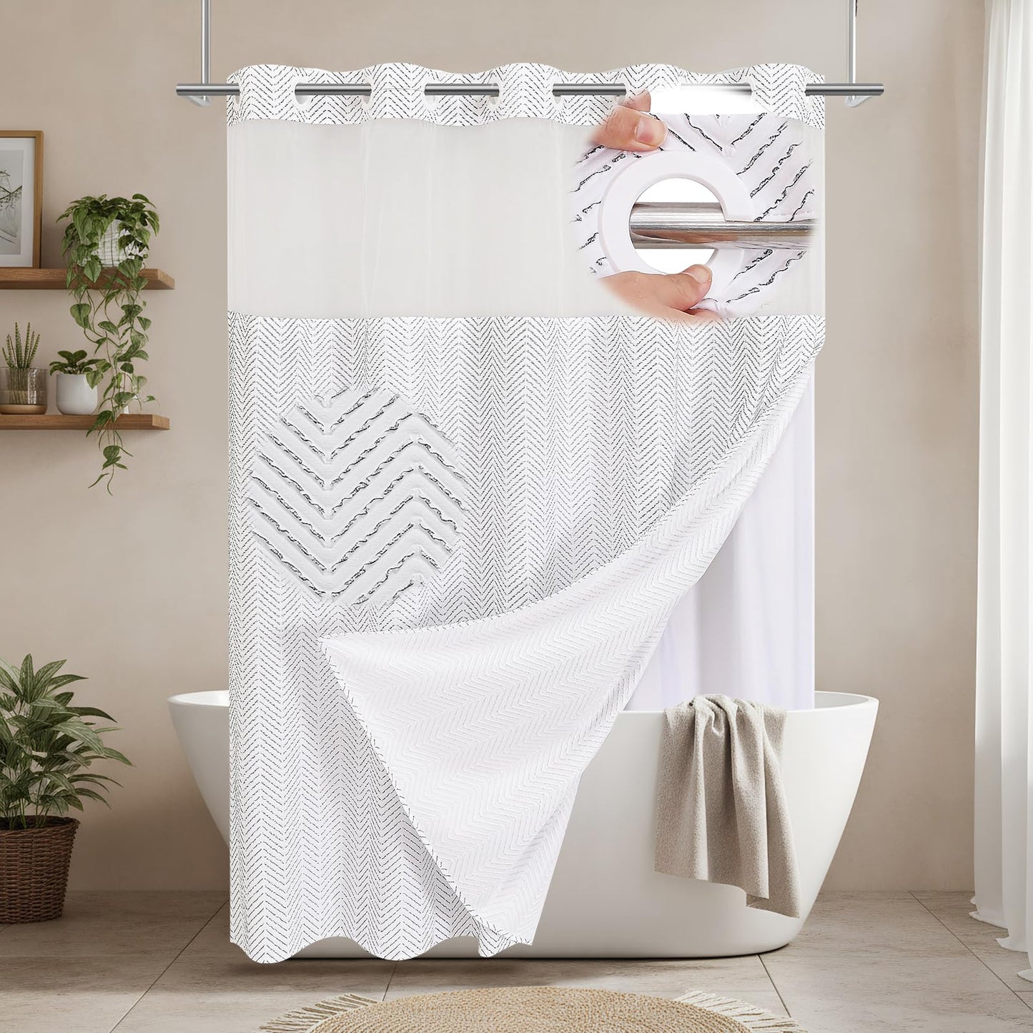 HONCO DIRECT No Hooks Black Boho Farmhouse Cloth Fabric Shower Curtain, 3D Textured Arrow Striped Minimalist Modern Shower Curtain with Snap-in Liner & See Through Window Sets, 72x72 inches