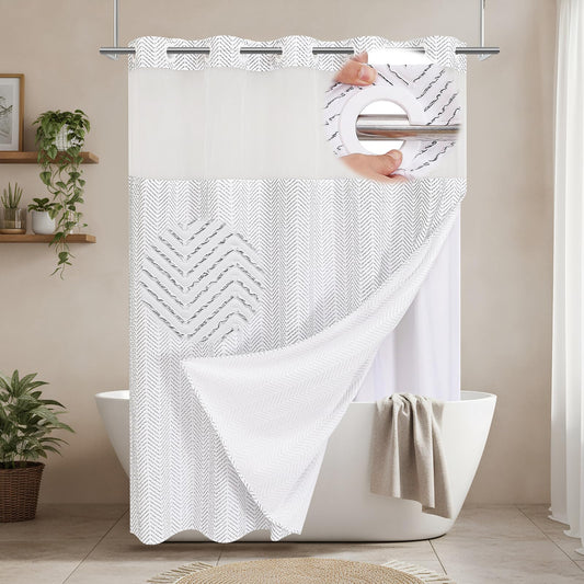 HONCO DIRECT No Hooks Black Boho Farmhouse Cloth Fabric Shower Curtain, 3D Textured Arrow Striped Minimalist Modern Shower Curtain with Snap-in Liner & See Through Window Sets, 72x72 inches