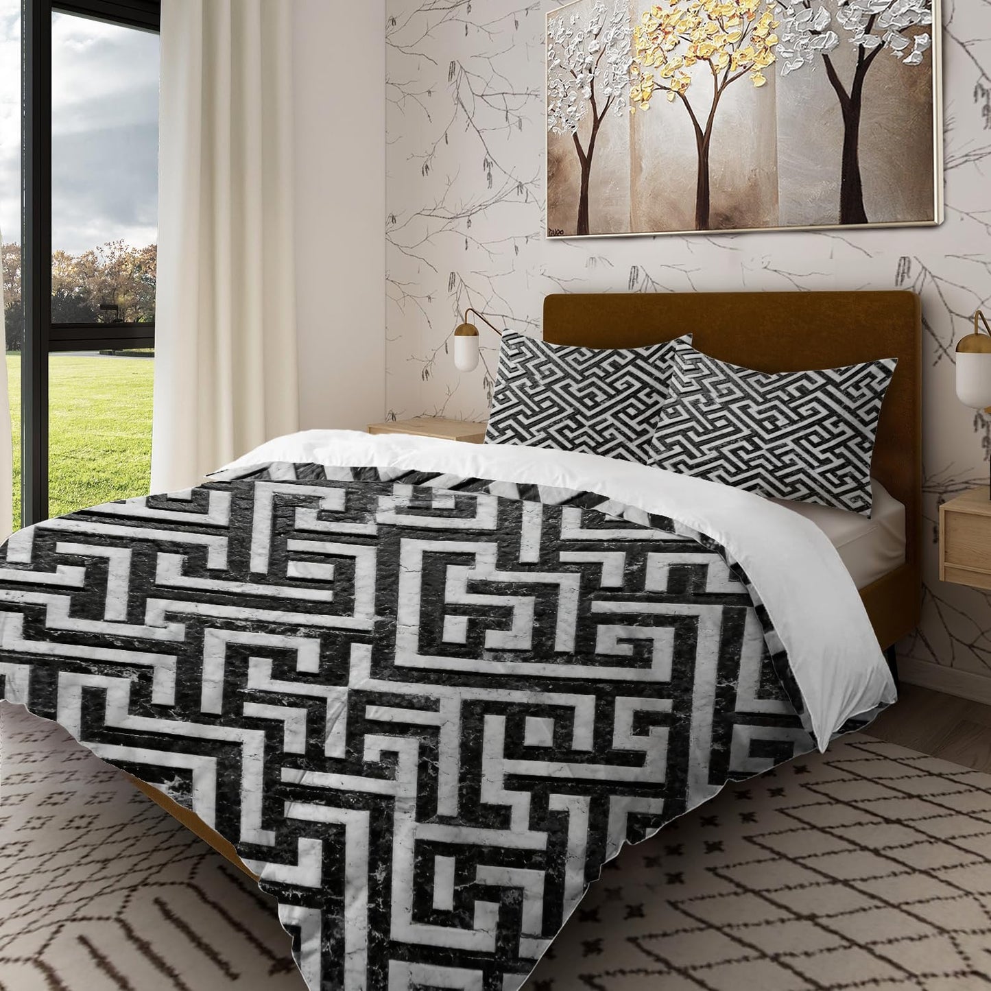 Batmerry Greek Key Geometric King Size 100% Cotton Duvet Cover Sets, Modern Texture Monochrome Swatch Bedding Set with Zipper Closure Corner Ties, 3 Pieces (1 Cover + 2 Pillowcases No Comforter)