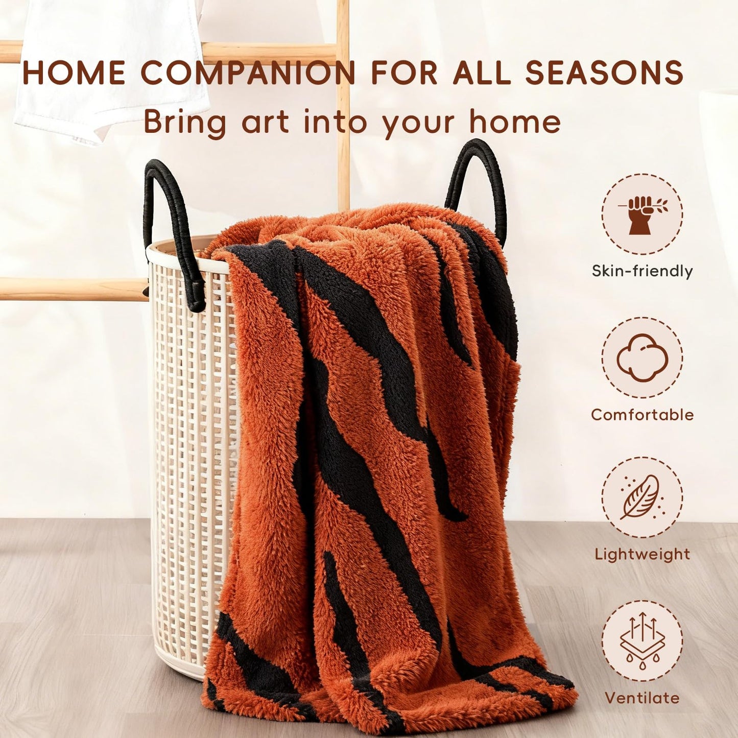 BYKOSY Zebra Printed Throw Blanket-Cozy Soft Lightweight Fuzzy Throw Blanket for Sofa, Couch, Bed & Chair,Rust Red and Black, 50" x 70"