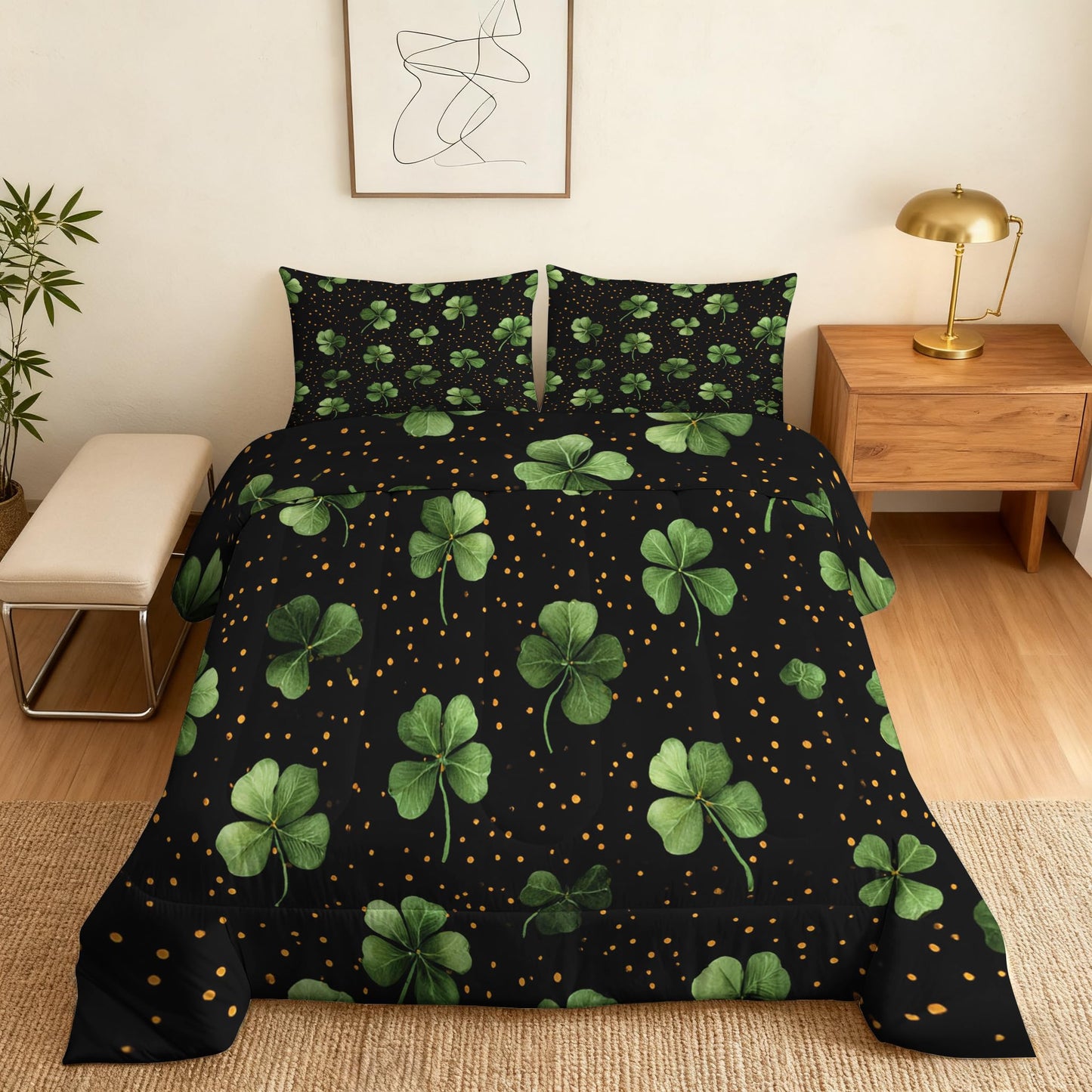 Garden Floral Comforter Set King Size 3Pc, Black Green Leaf Pattern Down Alternative Bed Comforter, 2 Pillow Shams, Soft All Season Bedding, Leaves Bedroom Decor A14
