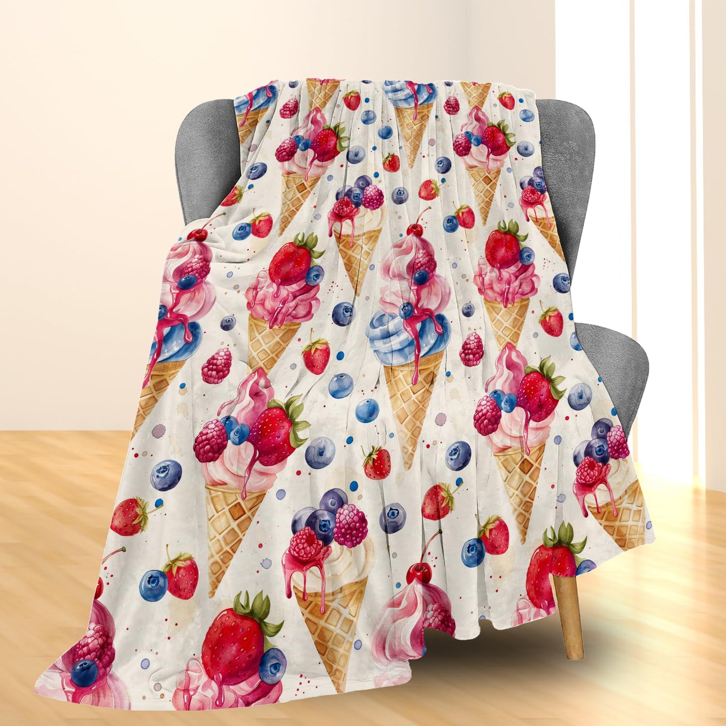 Ti Caldi Ice Cream & Fruit Blanket, Soft Warm Lightweight Flannel Throw Blanket for Couch, Bed, Travel & Outdoor, Cozy Fluffy Fuzzy Blankets for Women Men, Home Decor 60×50 in