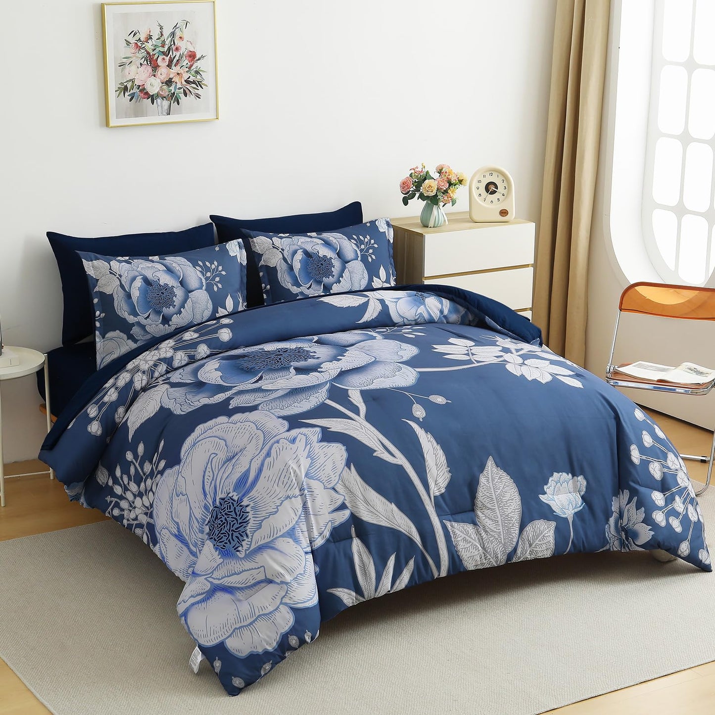 Luxudecor Floral Comforter Set King Size 7 Pieces Bed in a Bag,Flower Print on Blue Bedding Set,Soft Microfiber Bedding Set for All Season (Blue,104"x90")