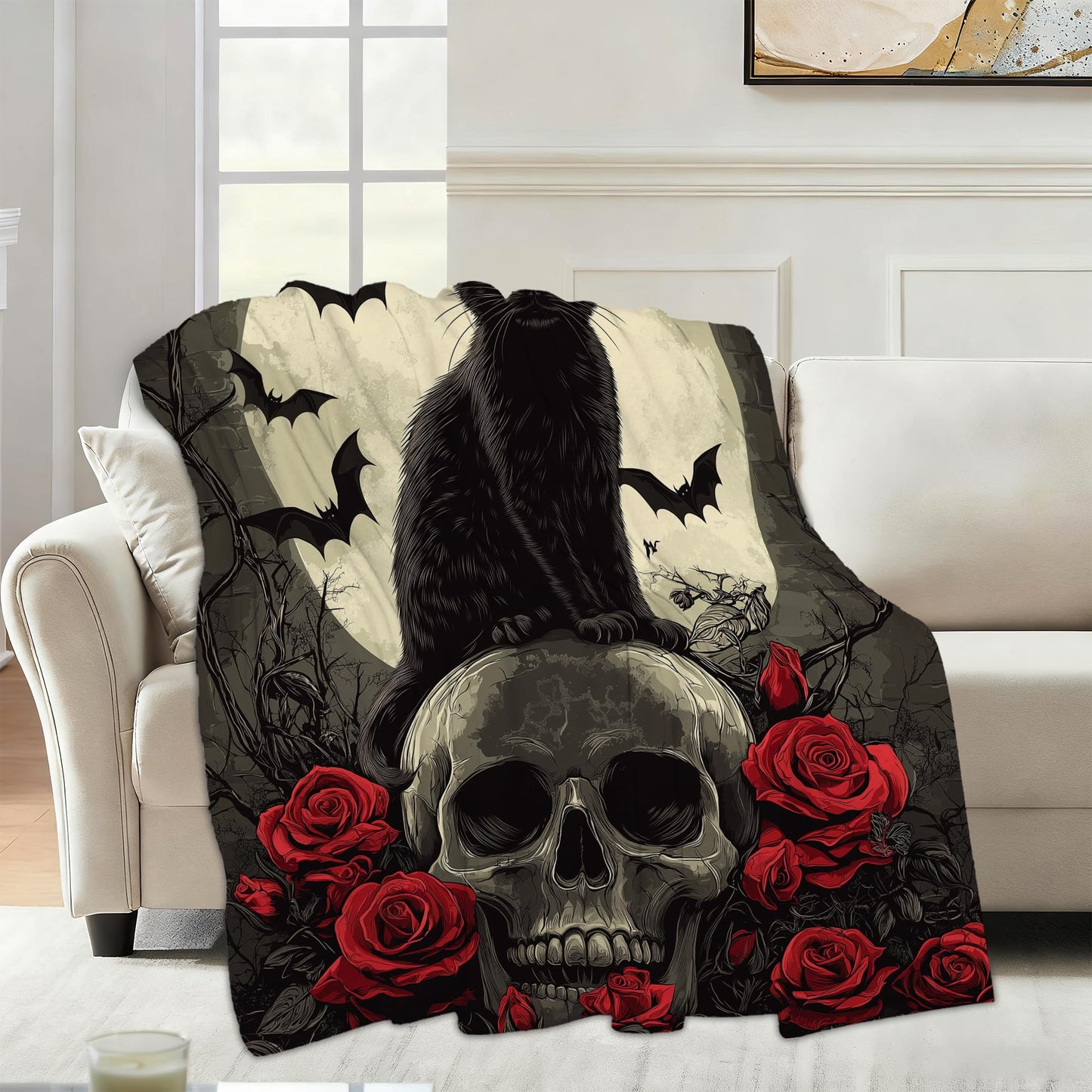 Black Cat Sofa Throw Blankets,Gothic Skull Bats Flower Soft Cozy Fuzzy Lightweight Travel Blanket,Flannel Fleece Fall Throw Blanket for Couch,Bed,Camping,Movie Nights,Watching TV 50 X 60 Inch