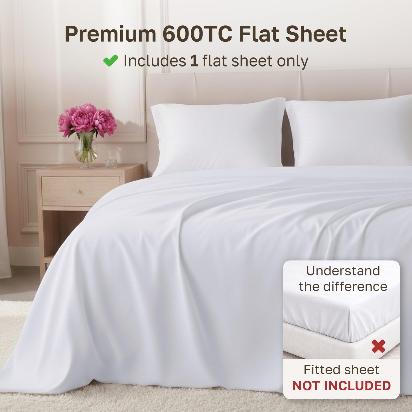 California Design Den King Size Flat Sheet Only - 100% Cotton, 600 Thread Count, Soft and Breathable Top Sheet, Sateen Weave, Premium-Feel Bedding, Featuring Foot Side Indicator - Bright White