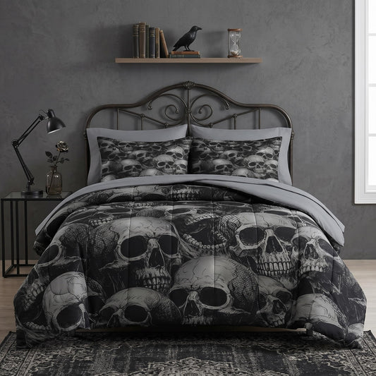 Pamnest Comforter Set Queen Size, Skeleton Retro 7 Pcs Bedding for Adults, Spooky Horror Gothic Bed Sheet Sets with Fitted Sheet 2 Pillowcases & 2 Shams for Bedroom Bed Decor