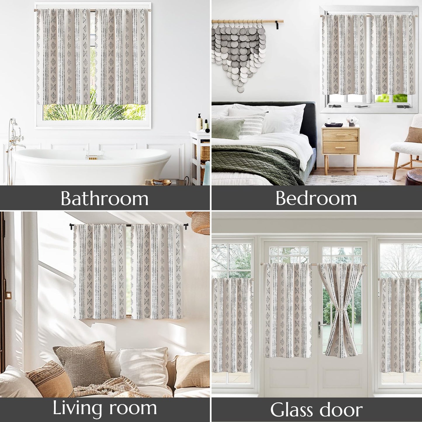 jinchan 95% Blackout Boho Kitchen Curtains 36 Inches Cafe Tier Curtains Bohemian Small Drapes for Bedroom RV Basement Half Window Room Darkening Thermal Insulated 2 Panels Black on Beige