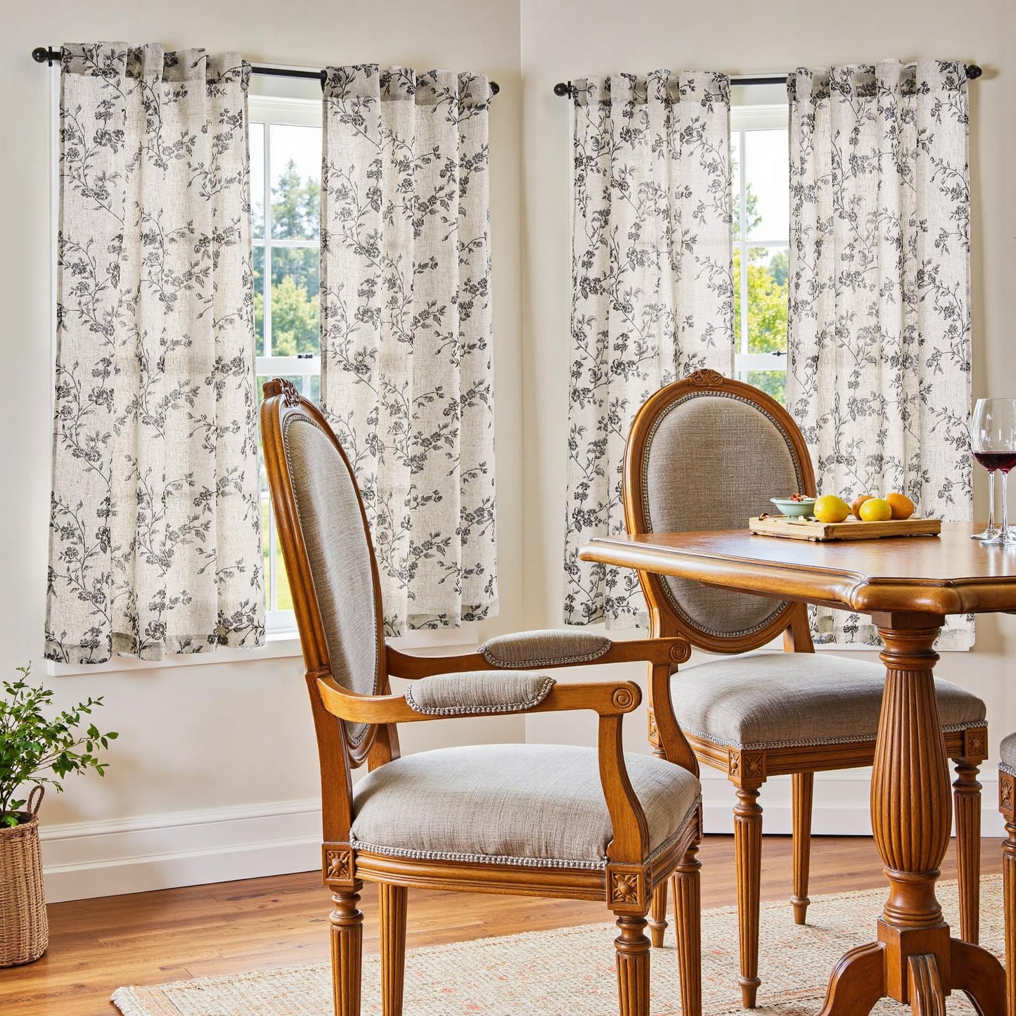 jinchan Linen Floral Curtains 63 Inch Farmhouse Country Flower Drapes Rustic Window Curtains Light Filtering for Living Room Bedroom Laundry Back Tab 2 Panels Black on Beige