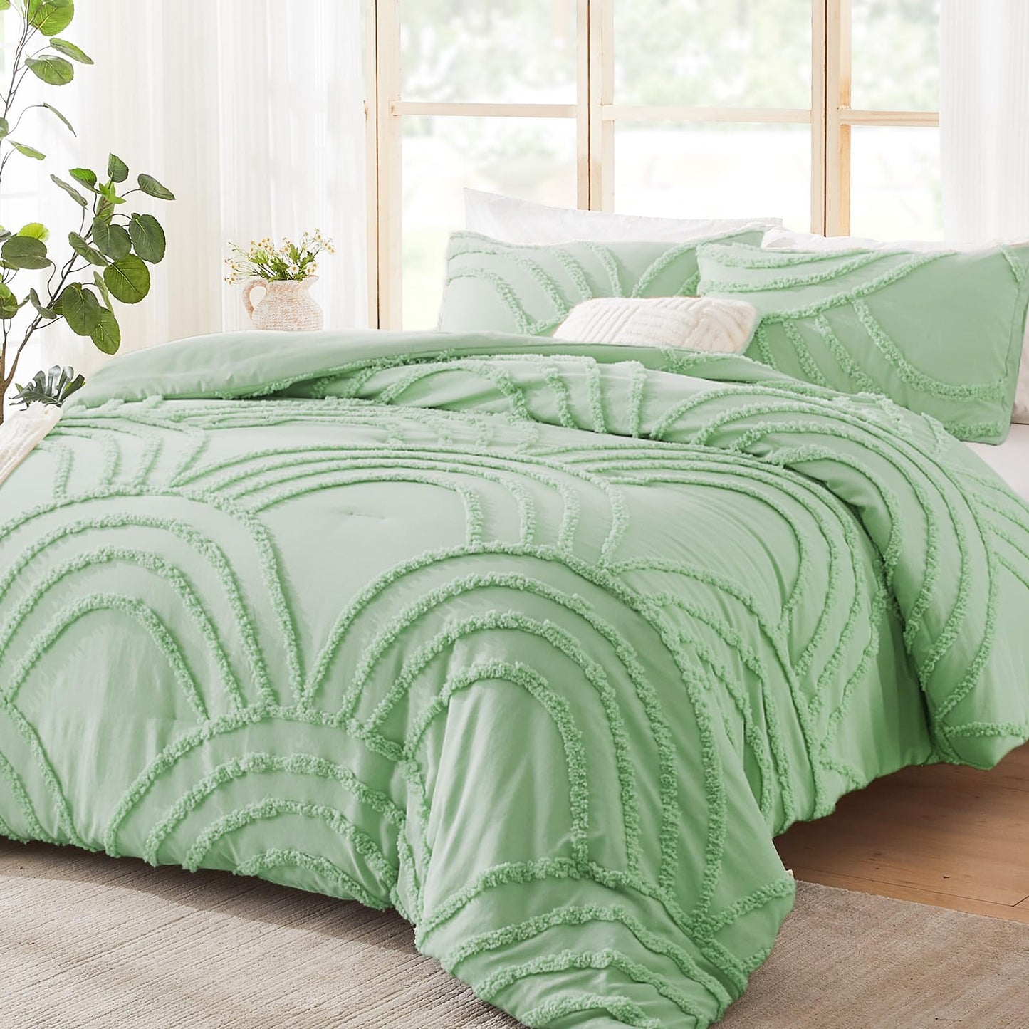 ENJOHOS Light Green Full Comforter Set - Full Size Boho Style Comforter, 3 Pieces Rainbow Bedding for All Season, Lightweight Soft Microfiber Comforter with 2 Pillowcase