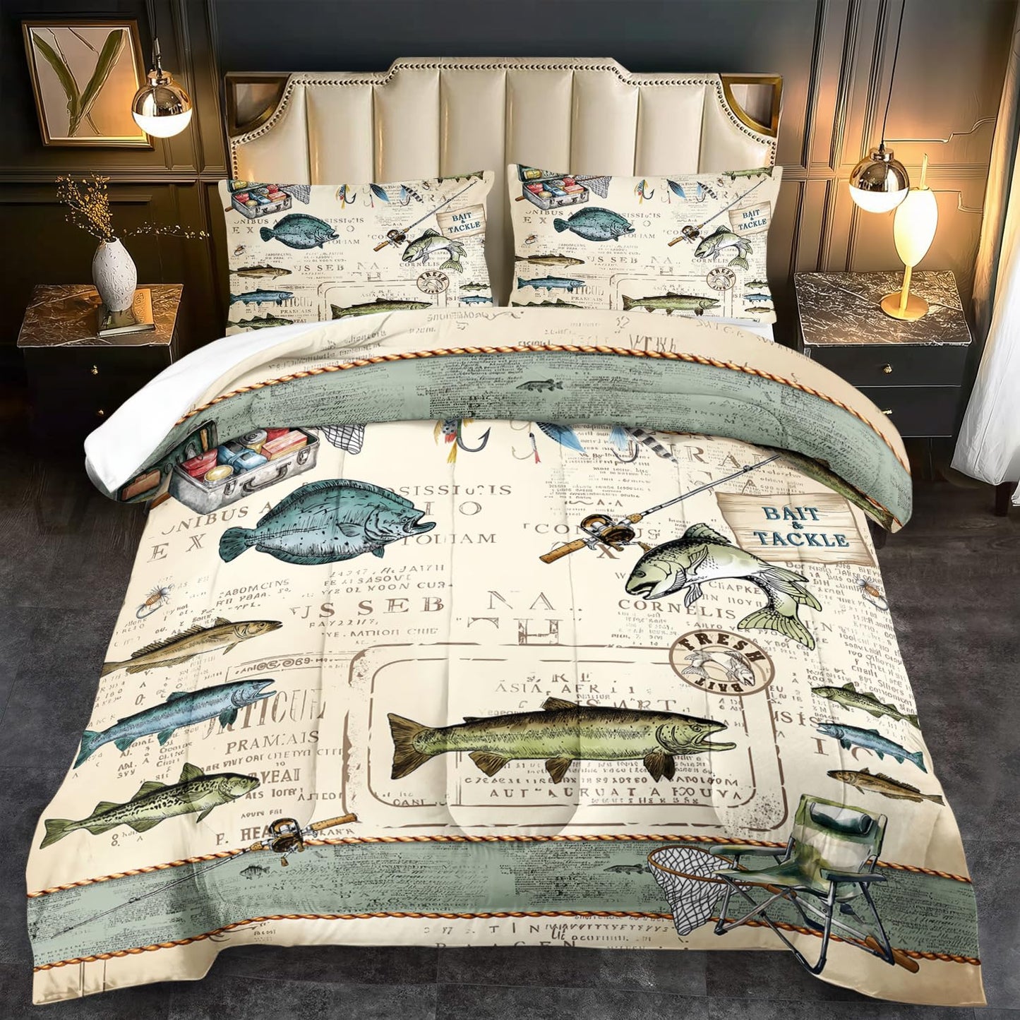llyxsesty Fish Comforter Set Queen,Nautical Bedding Set Queen for Boy,Ocean Bedding Striped Quilt,Coastal Comforter Fishing Birthday Party Decorations,Nautical Quilt Fishing Decor for Kids and Adult