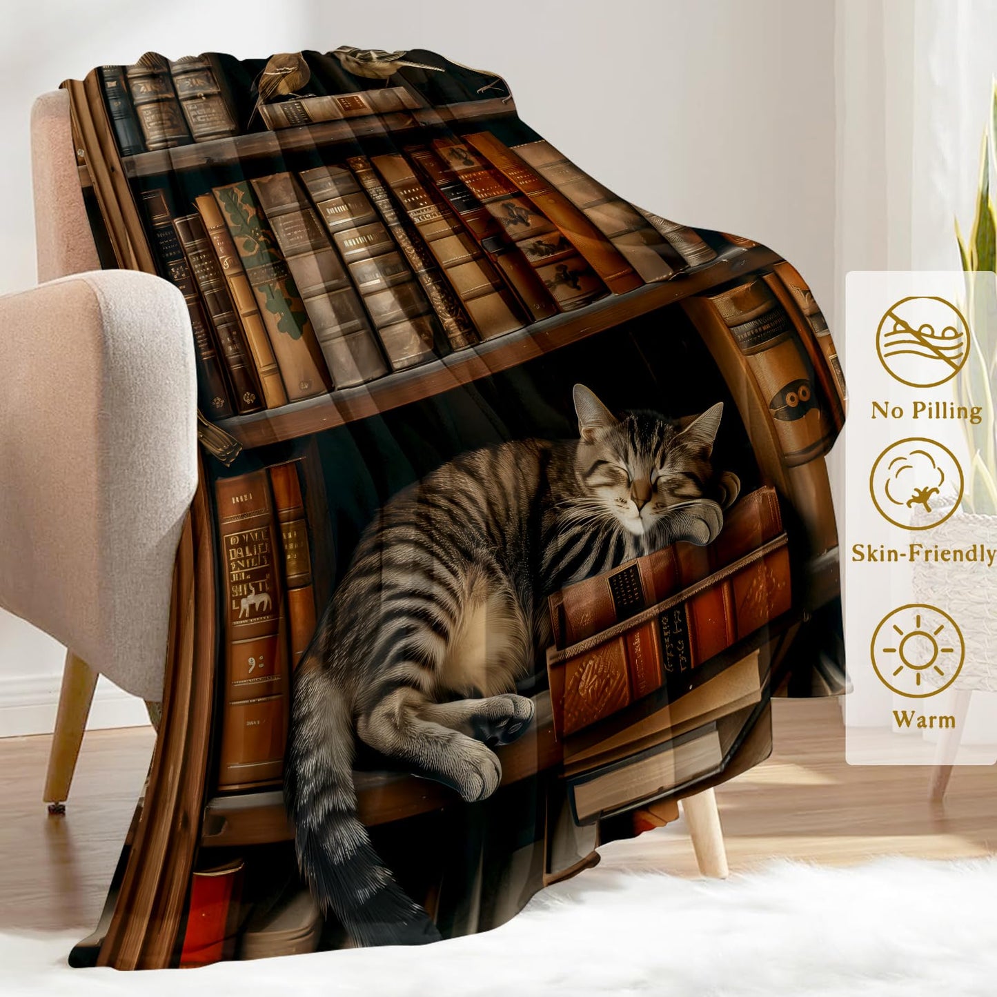 ainori Book Flannel Blanket - Adorable Cat Napping on Bookshelf Throw,Playful Gifts for Adult & Library Lovers, Ultra Soft & Warm,Lightweight, for Couch Bedroom Living Room Modern Decor 50x60in