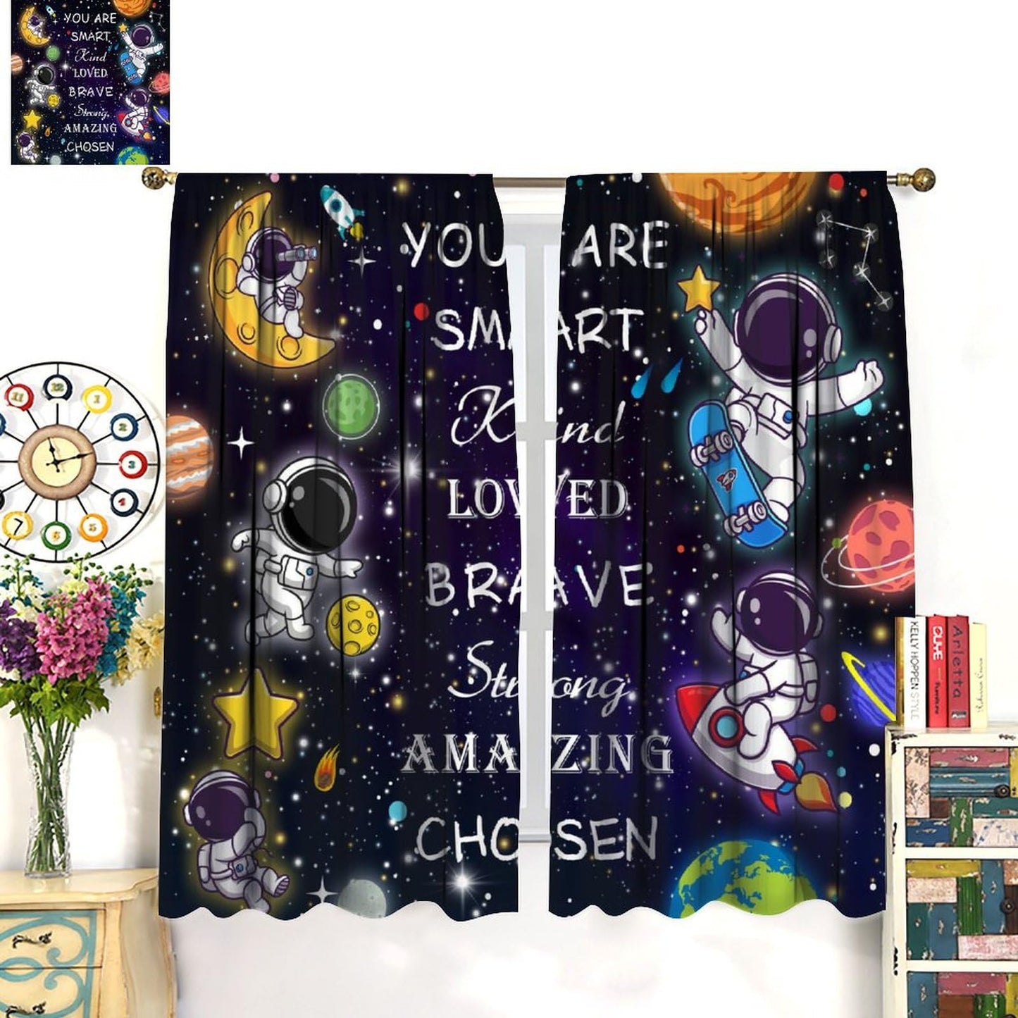 AAVEUP Space Astronaut Blackout Curtains for Kids,Cartoon Universe Galaxy Space Planet Astronaut Inspirational Quotes Learning Window Treatments for Boys Nursery Bedroom Living Room 63x72in