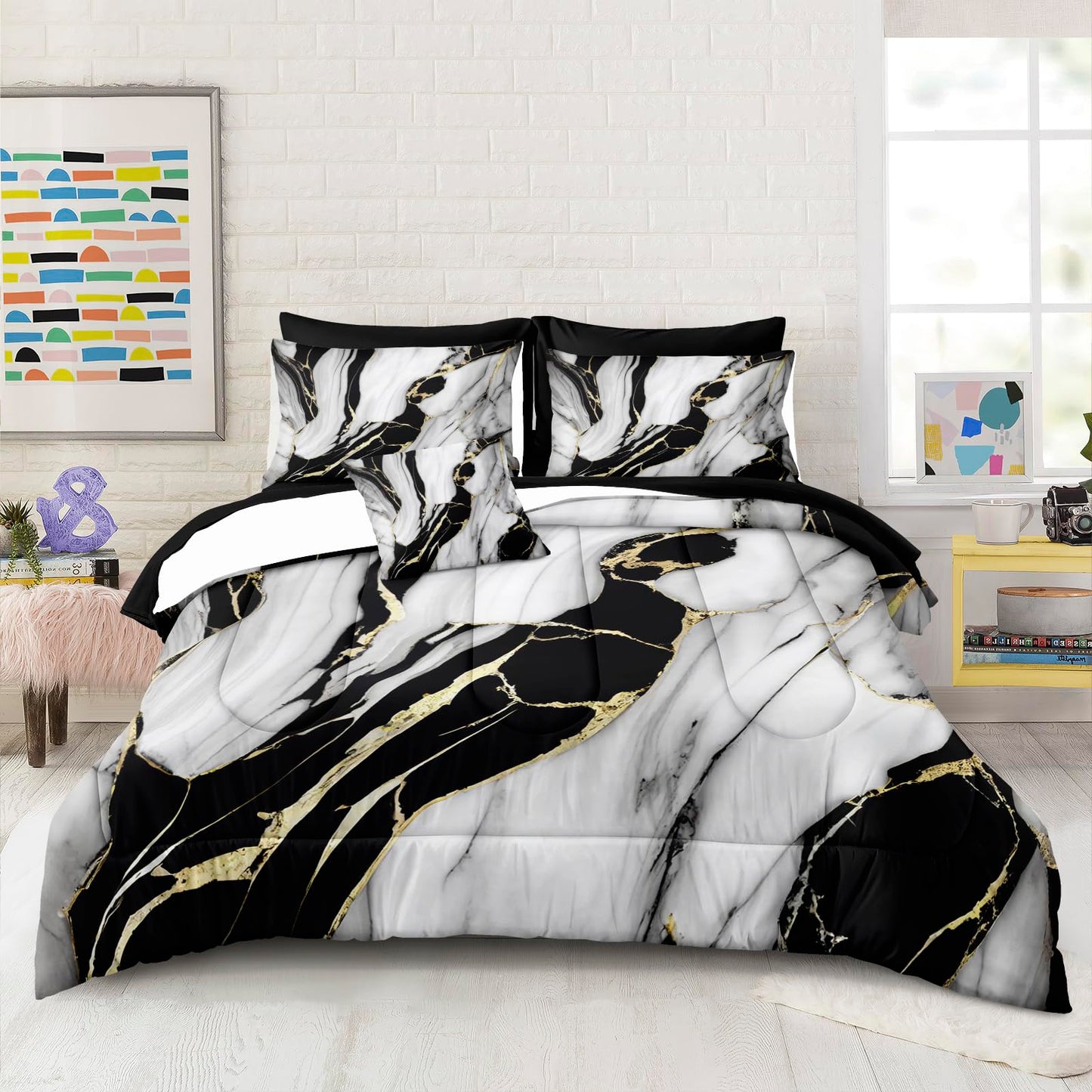 Bedbay Marble Bedding Queen Size Black and Gold Comforter Set 8 Pcs Queen Bed in a Bag Gold Metallic Marble Print Luxury Bedding 1 Comforter 4 Pillowcases 1 Flat Sheet 1 Fitted Sheet 1 Cushion Cover