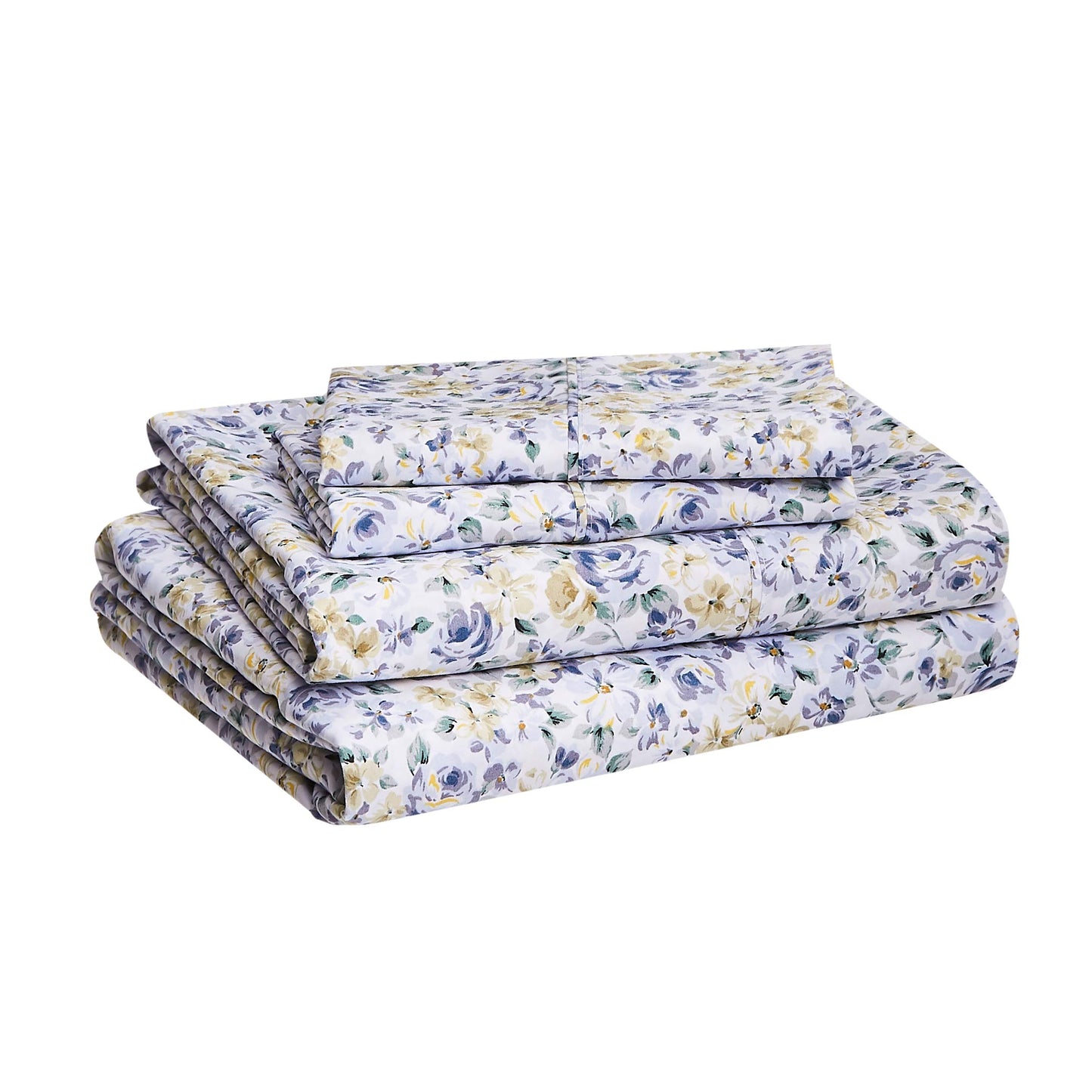 Amazon Basics Lightweight Breathable, Wrinkle Resistant Super Soft Brushed Microfiber 4-Piece Bed Sheet Set with 14-Inch Deep Pockets, Full, Blue Floral, Printed