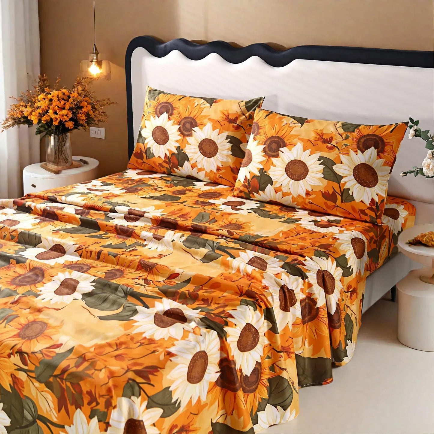MAG 4Pcs Floral Queen Size Bed Sheets,Floral Microfiber Bedding Sheet Sets,Boho Yellow Sunflowers Pattern,included 1 Fitted Sheet 14''Deep Pocket + 1 Flat Sheet + 2 Pillowcases,Breathable and Wrinkle.