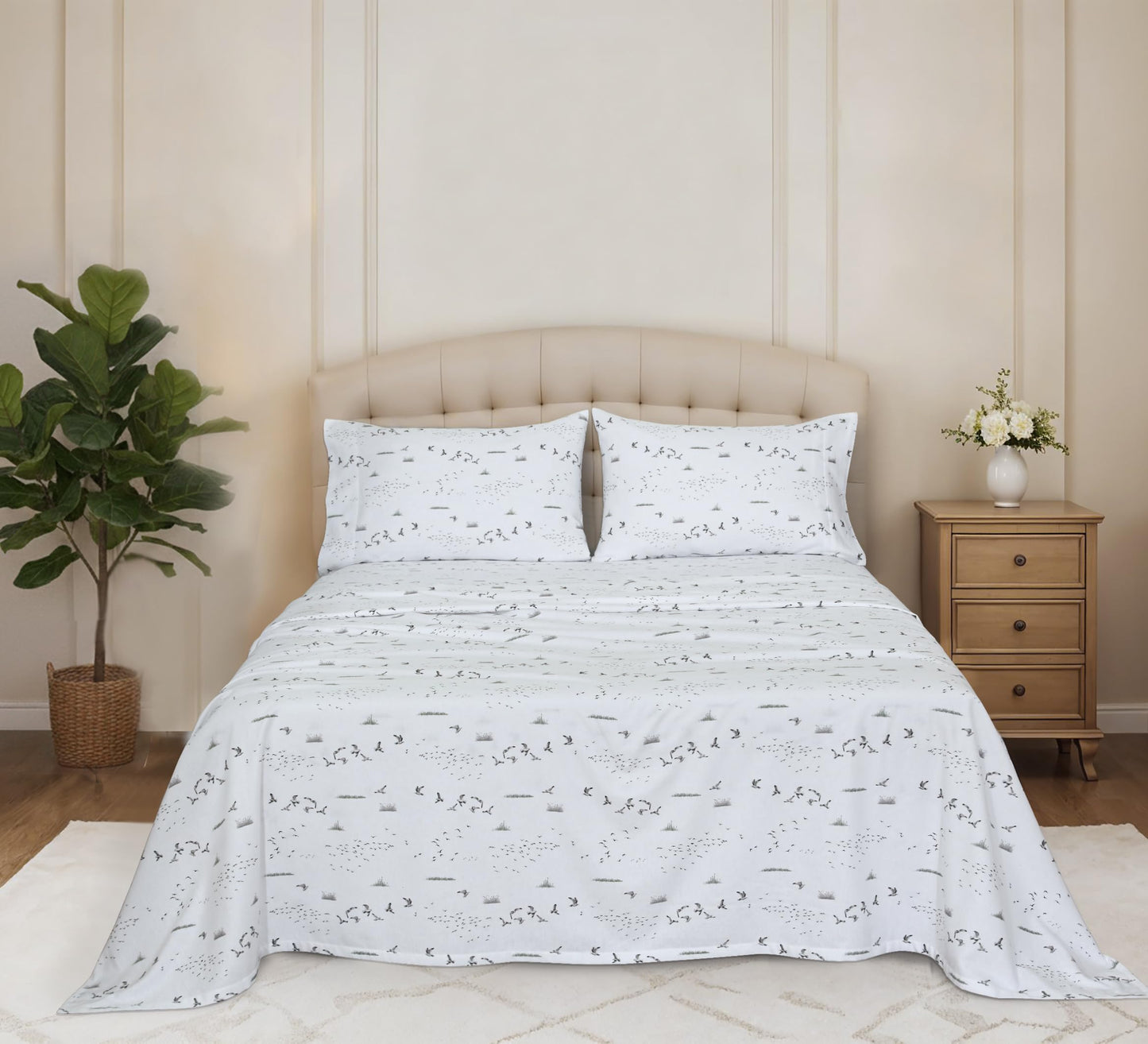 RUVANTI Flannel Sheets Queen Size - 100% Cotton Double Brushed Bed Sheets, Deep Pockets 16 Inches Queen Sheet Set, All Seasons Breathable & Extra Soft - Warm & Cozy, 4 Piece, Sky Ballet