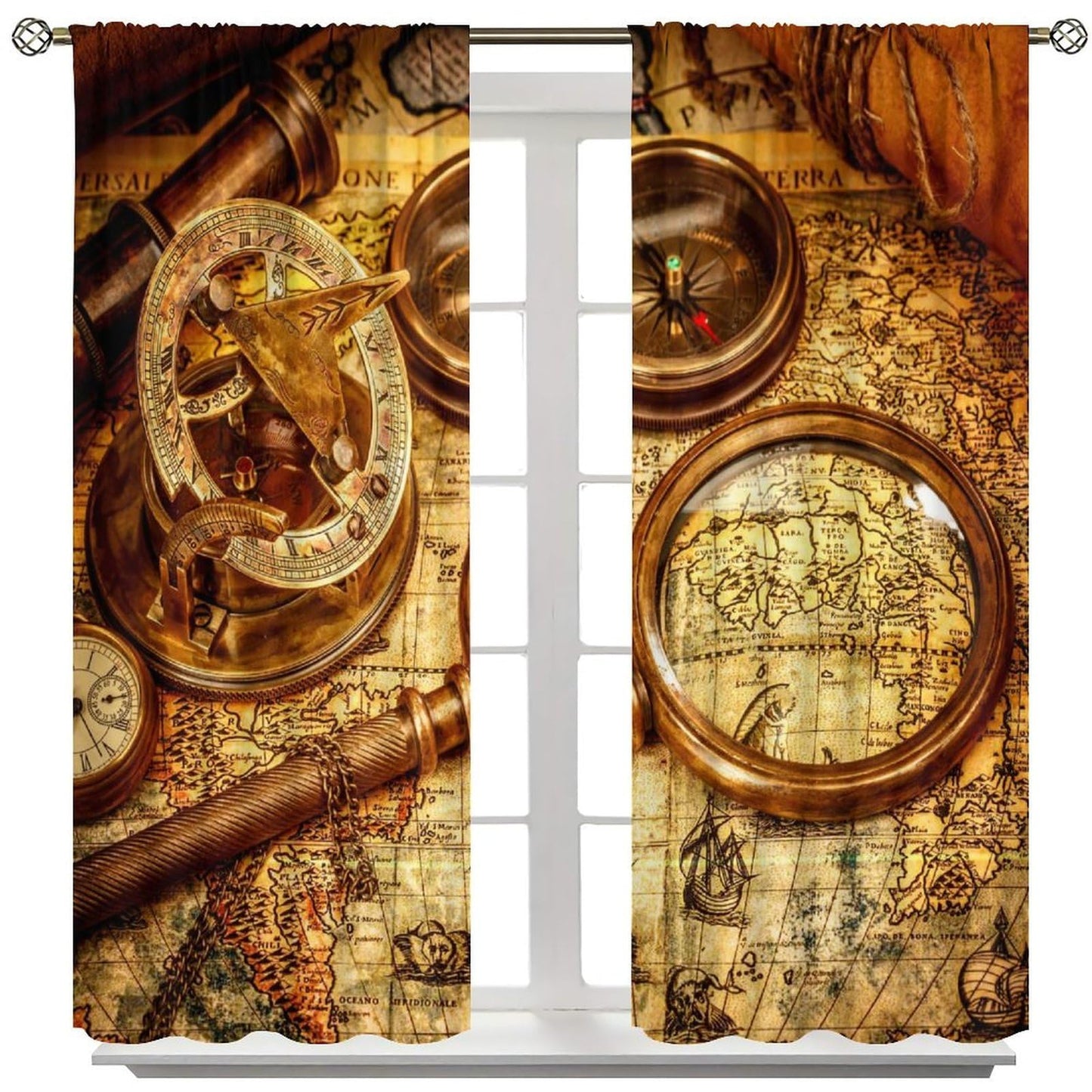 wlsgdsg Retro Map Curtains for Kids Retro Rural Medieval Old Nautical Treasure Map Compass Pattern Window Treatments for Boys Teen Bedroom Living Room 42x44.5In（No Blackout）
