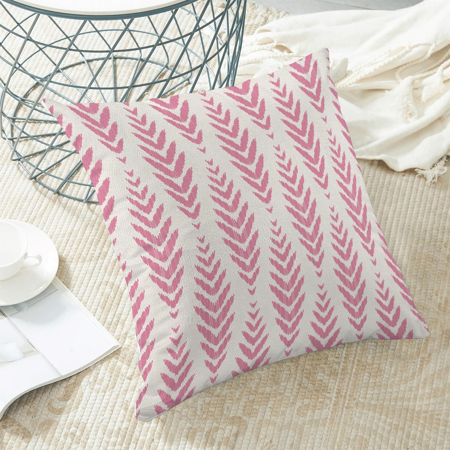 CXMEIFLY Hot Pink Boho Pillow Covers 18 x 18 Inch Set of 2 Preppy Herringbone Bohemian Ethnic Decor Throw Pillows Geometric Tribal Summer Outdoor Linen Farmhouse Decorative Pillowcases for Couch Bed
