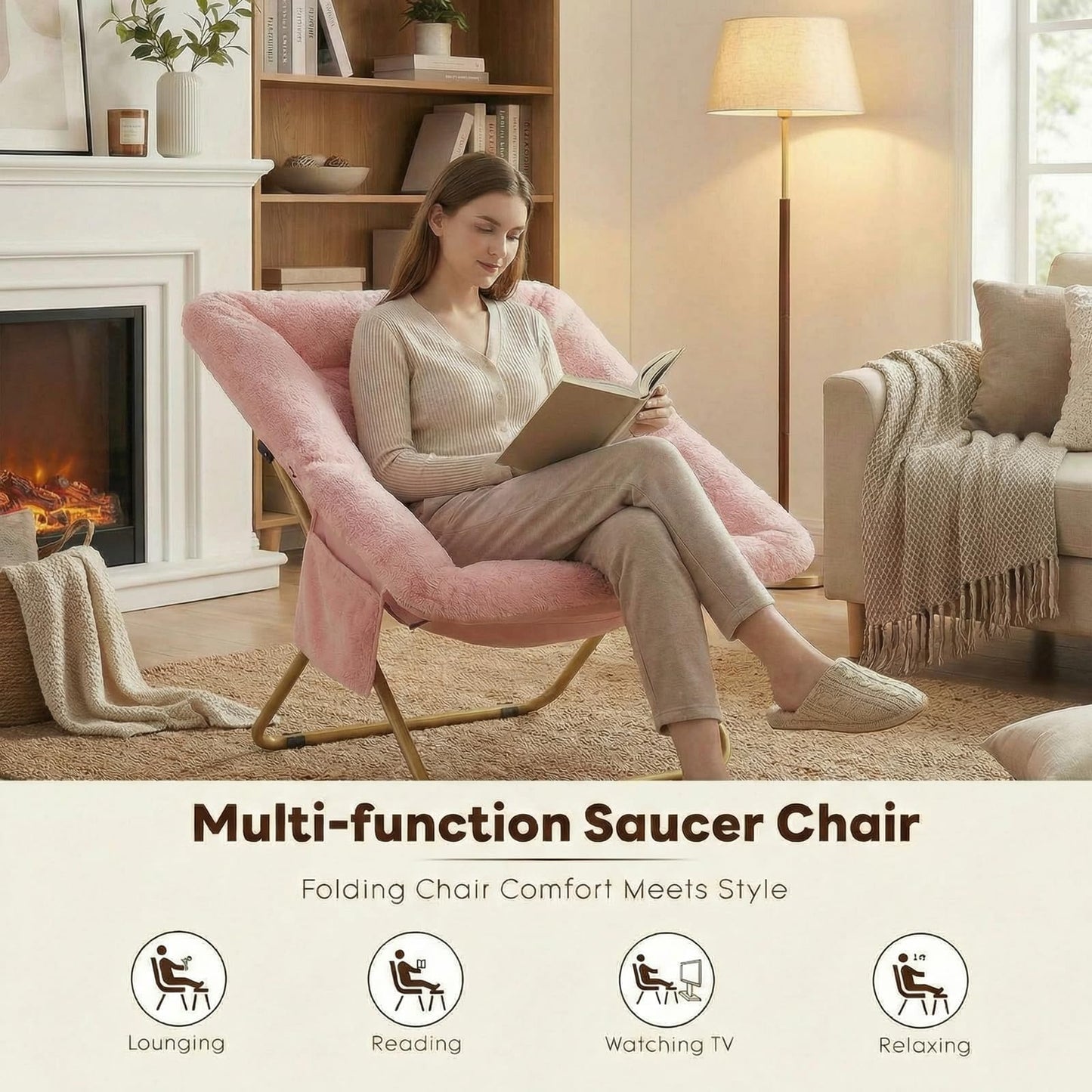 Folding Saucer Chair, Comfy Reading Chair with Soft Thick Padded Seat, Plush Faux Fur Lounge Chair for Small Space, Bedroom, Dorm, Living Room, X-Large Lazy Chair for Adults Teens Kids