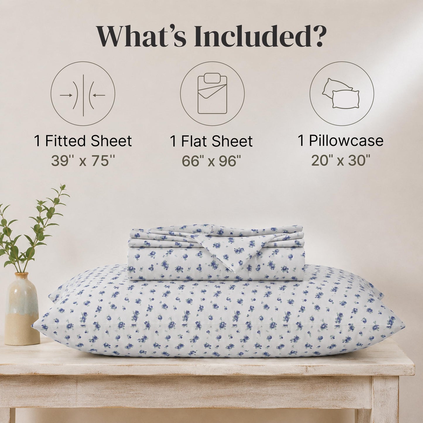 Modern Threads 3-Piece Ultra Soft Microfiber Bed Sheets Set, Wrinkle Free Sheets with Deep Pockets Fitted Sheet, Flat Sheet & Pillowcases, Lightweight Breathable Bedding, Blue Roses, Twin