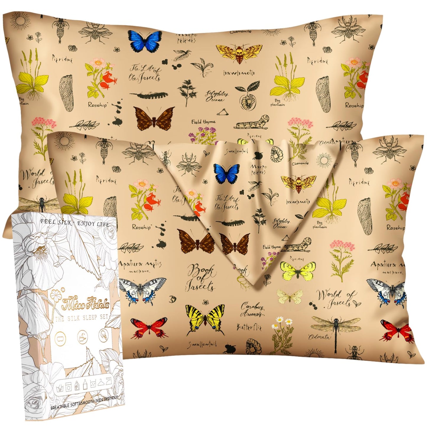 Miss Adola 2 Pack Mulberry Silk Pillowcase for Hair and Skin - Standard Size 20 x 26 Inches with Hidden Zipper Plants Butterfly 19 Momme Soft Sleeping Silk Pillow Case for Women, Moms