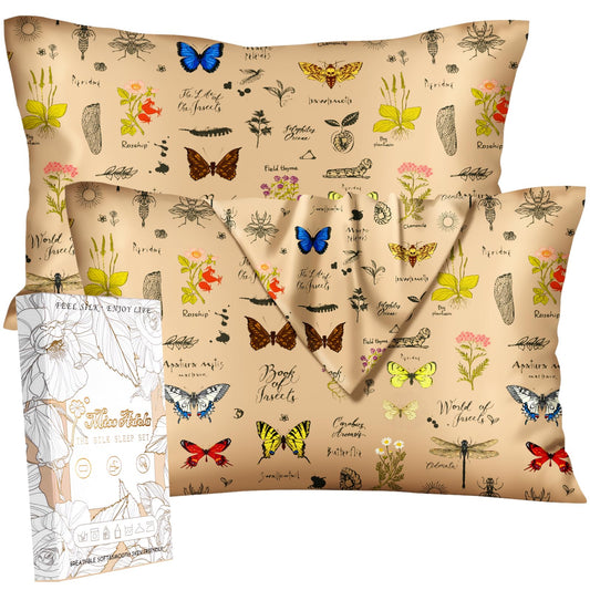 Miss Adola 2 Pack Mulberry Silk Pillowcase for Hair and Skin - Standard Size 20 x 26 Inches with Hidden Zipper Plants Butterfly 19 Momme Soft Sleeping Silk Pillow Case for Women, Moms