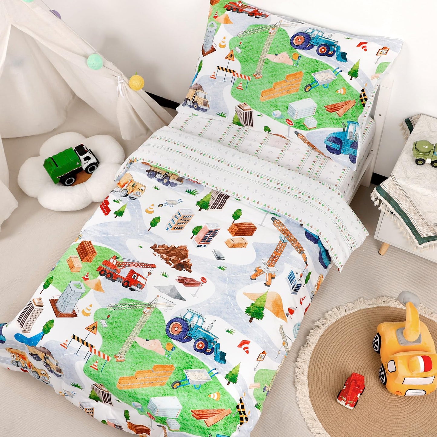 DAYEEBALL 4 Piece Toddler Bedding Set, Ultra Soft and Breathable Toddler Comforter Sets for Boys Includes Quilted Comforter, Fitted Sheet, Flat Sheet and Pillowcase, Vehicles