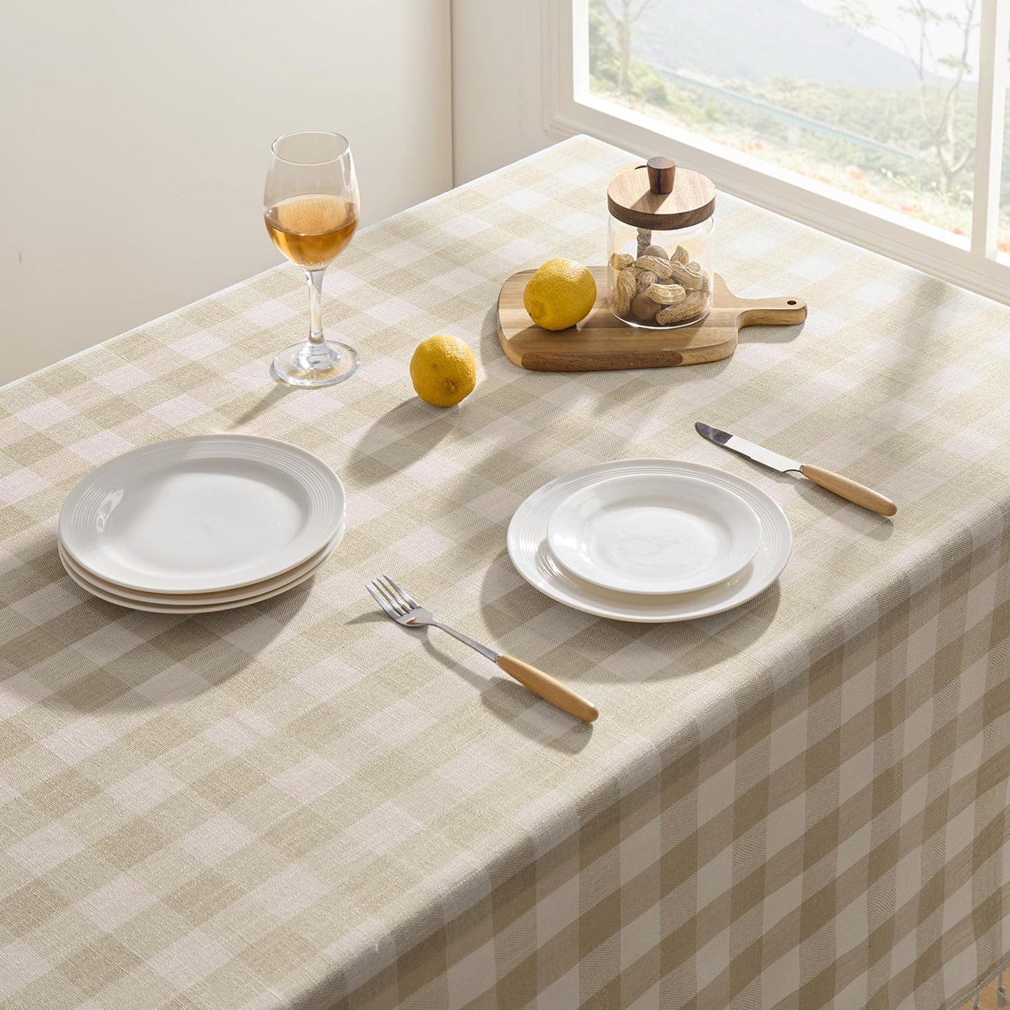 Softalker Checkered Tablecloth Rectangle, Outdoor Linen Cotton Gingham Table Cloth with Tassel, Heavy Duty Wrinkle Free Buffalo Plaid Table Cover for Kitchen Dining Summer Party - 55 x 120 Inch, Beige