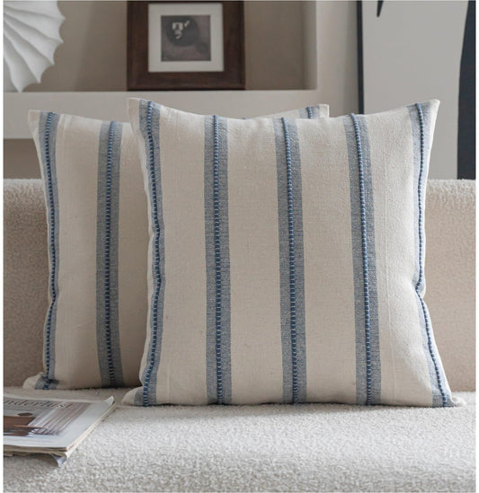 Cethom Boho Throw Pillow Covers 18x18 Set of 2, Beige and Blue Striped Decorative Pillow Cases for Couch Chair Bed, Textured Farmhouse Accent Cushion Covers for Living Room Bedroom Sofa Home Decor