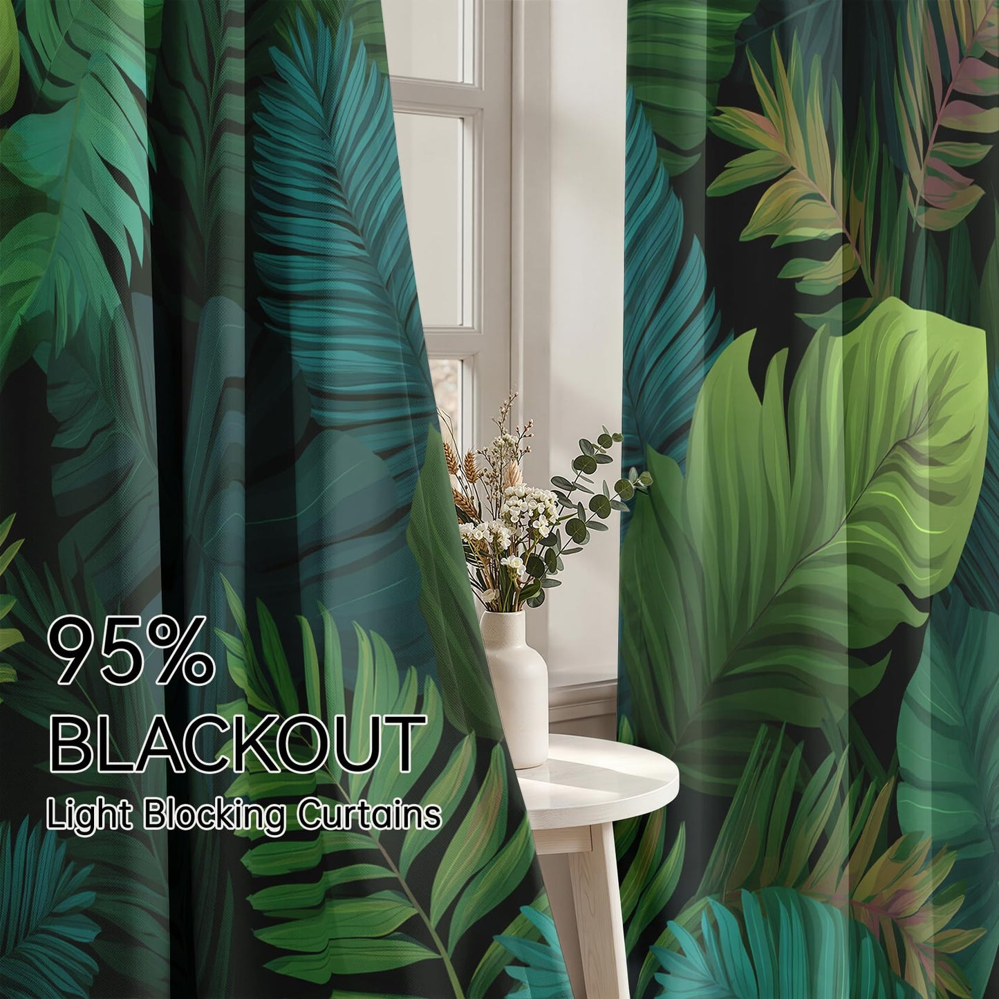 Mistwalk Green Monstera Leaf Curtains Blackout, 54 Inch Curtains for Bedroom & Living Room, Room Darkening Thermal Insulated Grommet Drapes, Tropical Rainforest Patterned Window Treatments