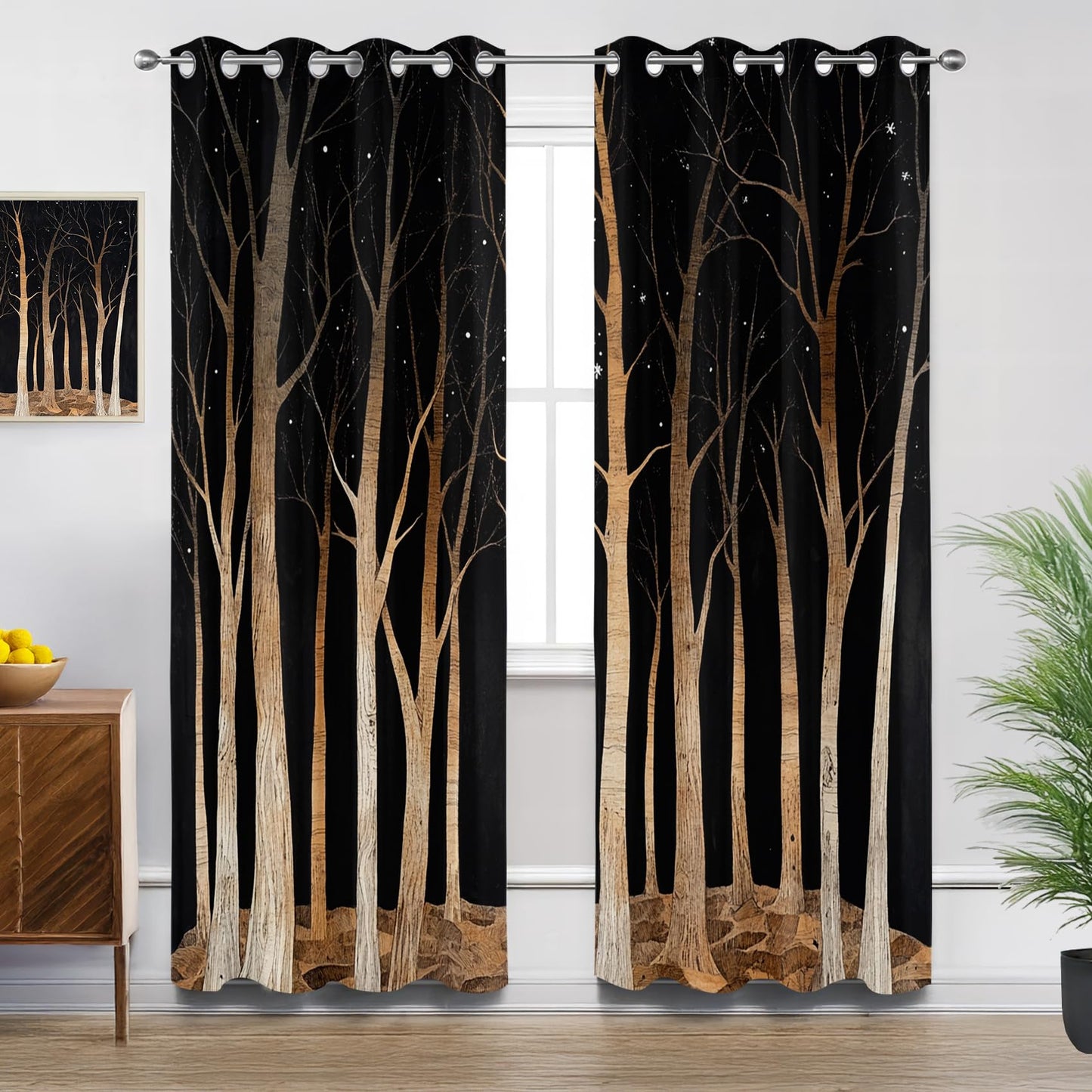 Solvivae Tree Curtains 63 Inch Length, Forest Blackout Curtains for Bedroom Living Room, Room Darkening Thermal Insulated Grommet Drapes, Patterned Window Treatments