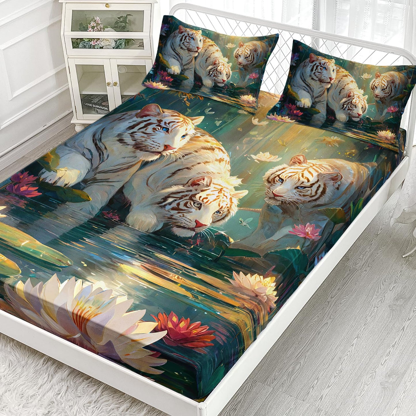AILONEN White Tiger Twin Size Fitted Sheet Set,Cute Tiger & Pink Lotus Bedding Set for Kids Girls,3-Piece Beautiful Forest Floral Wildlife Fitted Sheet + 2 Pillowcases
