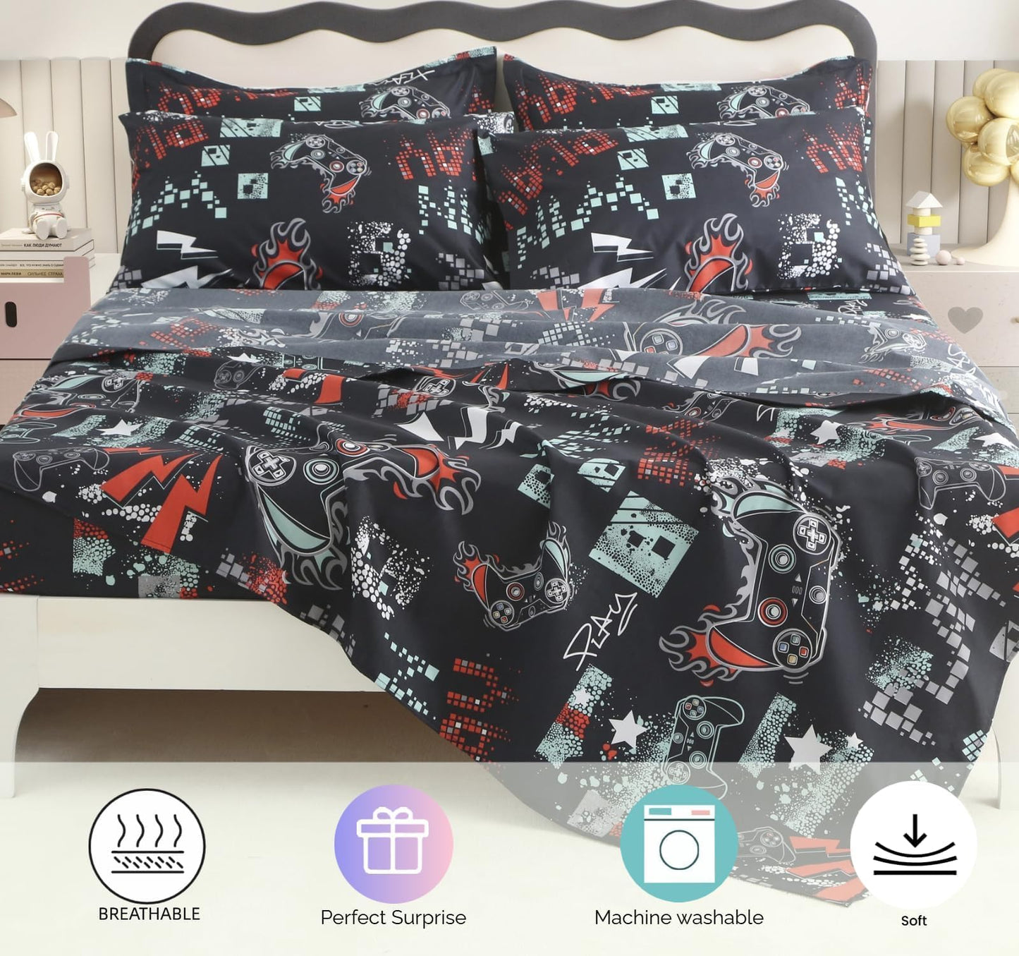 SDY 7PCS Twin Size Gaming Bedding Set - Soft Video Game Comforter Set for Boys, Girls & Kids, Gamer Themed Bed Set with Comforter, Sheets & Pillowcases
