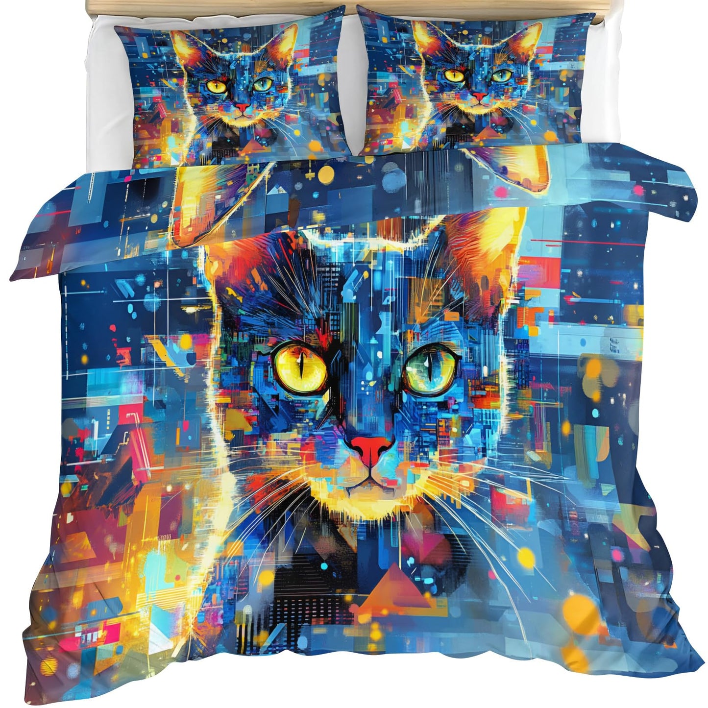 ZAMODE Cat Duvet Cover Queen Size, Mystic Pet Kitten Comforter Cover 90" x 90" & 2 Pillowcases, Sci-Fi Cats Bedding Set with Zipper Ties