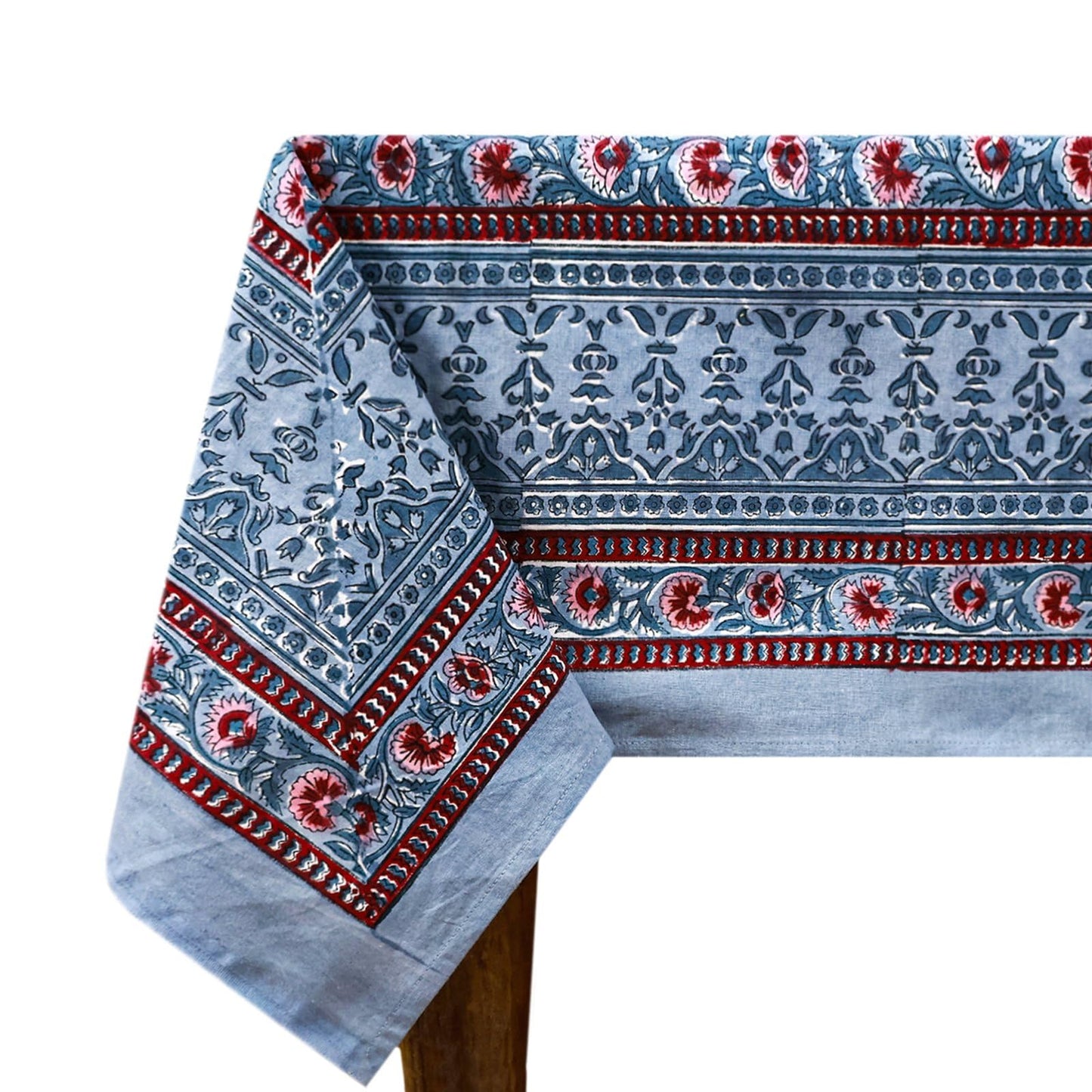 72x108 Inches Rectangle Hand Block Printed Cotton Tablecloth, Red Grey Floral Table Cloths Washable, Indian Table Linen for Outdoor Thanksgiving Gifts Home Decor Dinning Outdoor