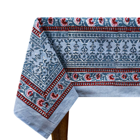 72x108 Inches Rectangle Hand Block Printed Cotton Tablecloth, Red Grey Floral Table Cloths Washable, Indian Table Linen for Outdoor Thanksgiving Gifts Home Decor Dinning Outdoor