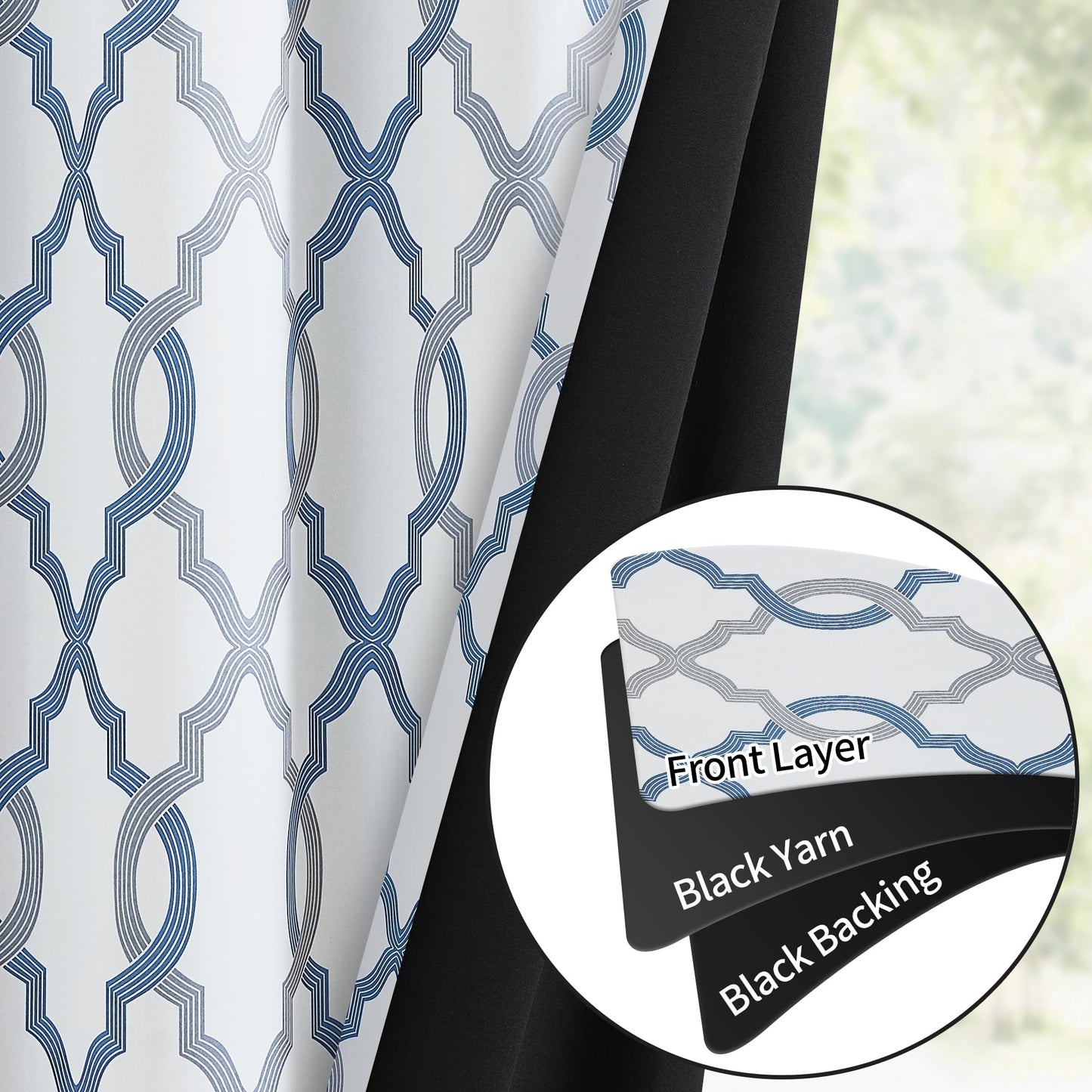 ugoutry 100% Blackout Curtains 63 Inches Long for Bedroom, Blue Grey on White Moroccan Geometric Patterned Window Curtain for Living Room, Farmhouse Thermal Insulated Drapes Grommet Top 2 Panels