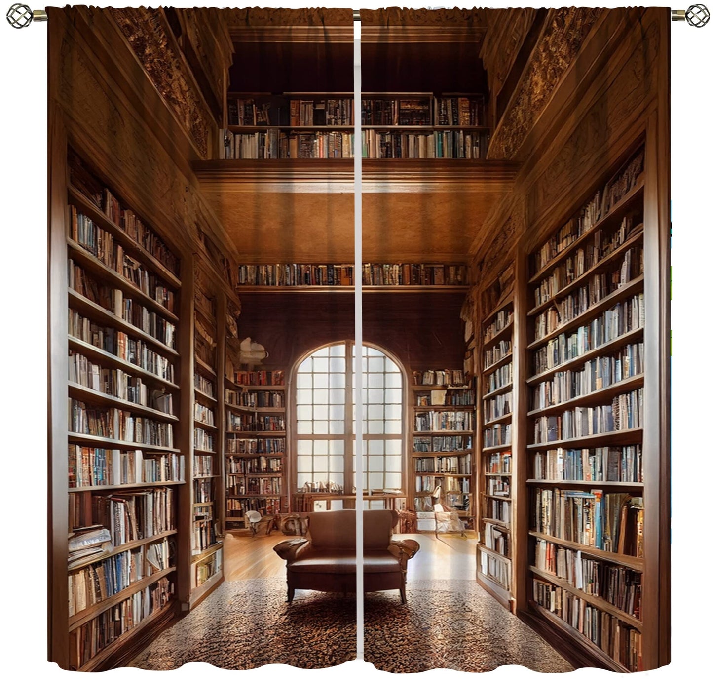 Bookshelf Curtains, Vintage Library with Books Window Treatments for Kids Bedroom, Wooden Wooden Antique Bookcase Drapes 2 Panel Sets,42x45 Inch