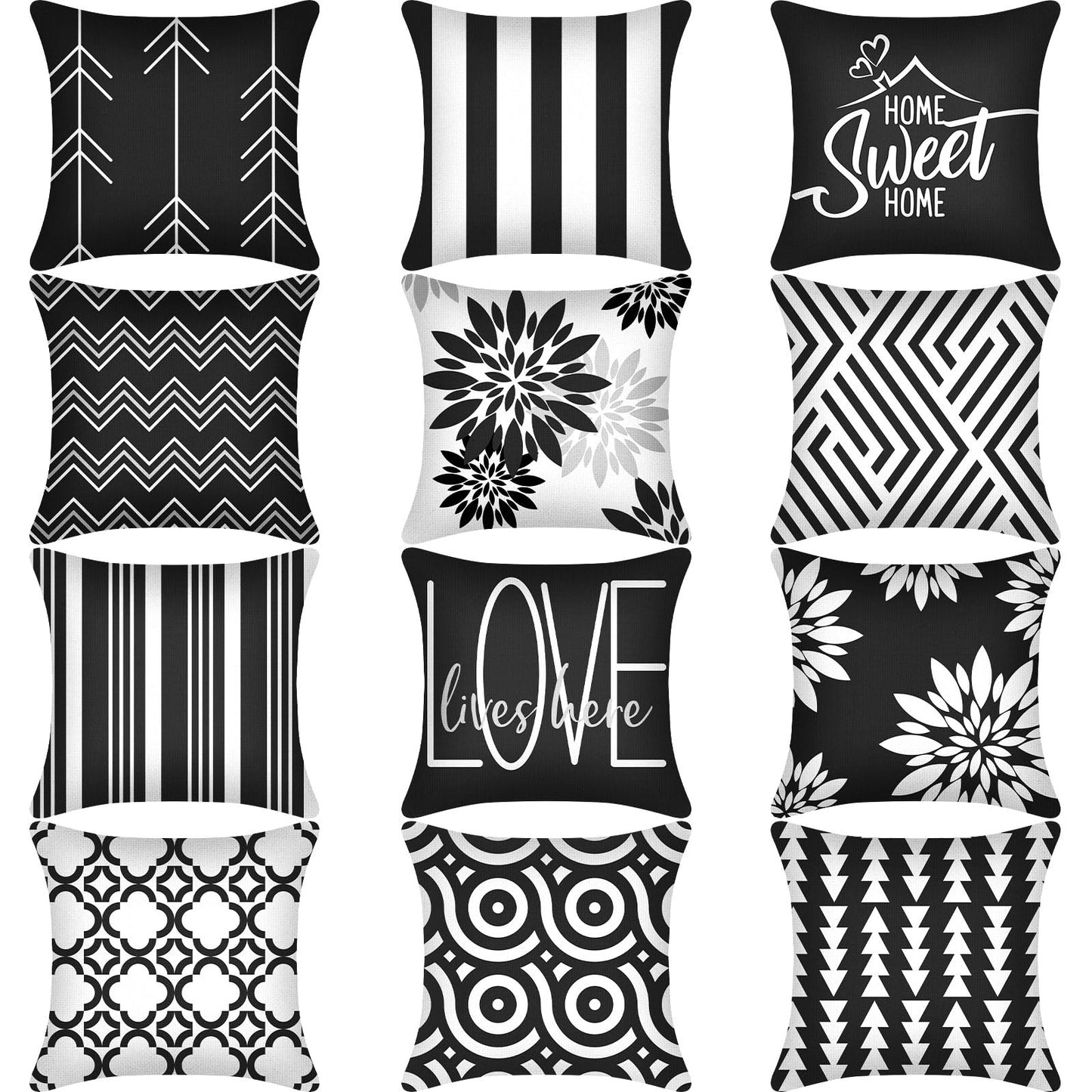 Flutesan 12 Pcs Decorative Throw Pillow Cover 18 x 18 Inch Modern Sofa Pillow case Geometric Floral Linen Square Cushion Covers for Home Living Room Bedroom Couch Chair(Black)