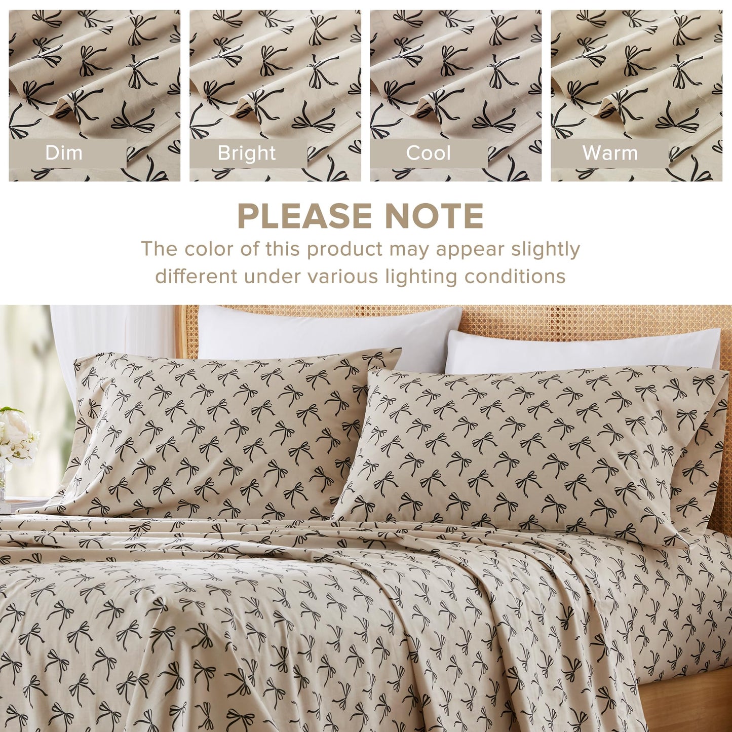 Comfort Spaces 100% Cotton Sheets King, Breathable, Naturally Cool Cotton Sheets, Soft Cotton Bed Sheets with 14" Elastic Pocket Fits up to 16" Mattress, All Seasons Sheet Set, Bow Black/Taupe 4 Piece
