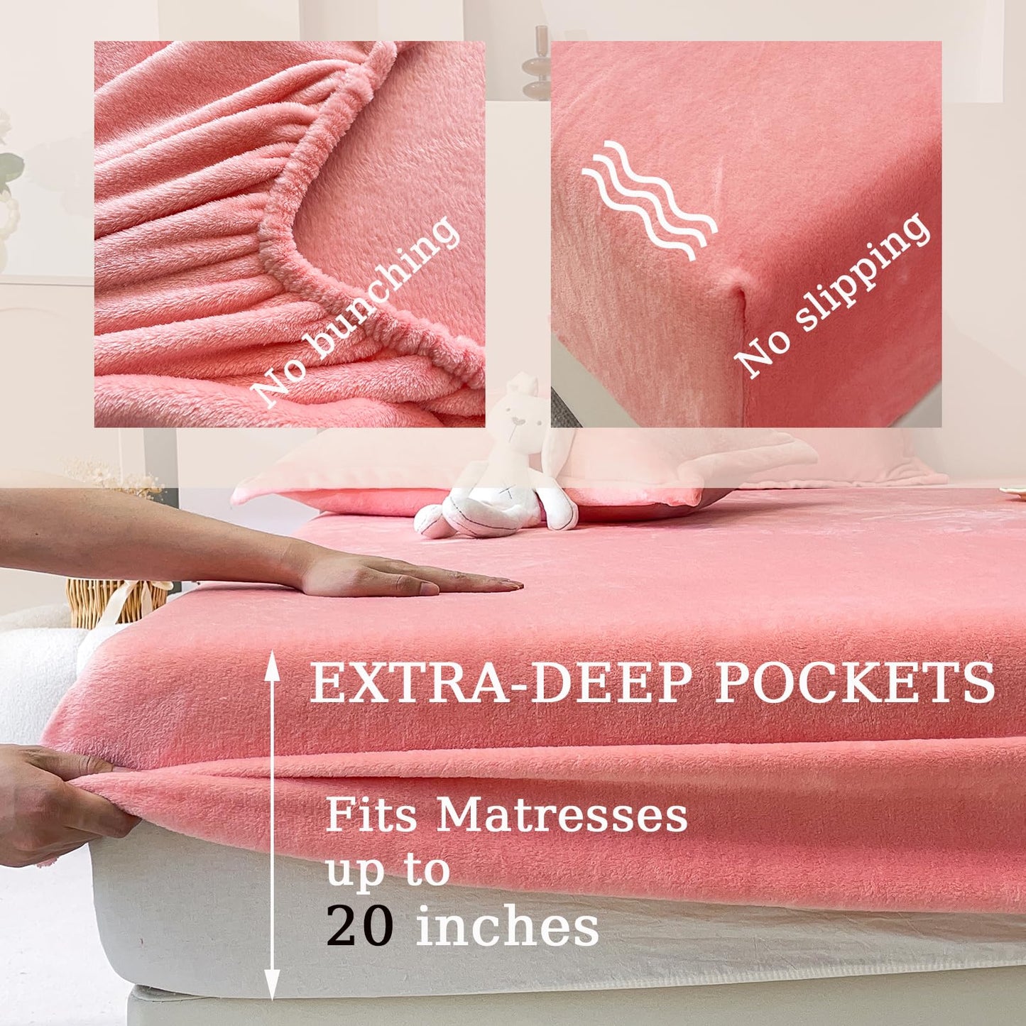 MorroMorn Luxury Plush Fleece Fitted Sheet Sets with 20" Deep Pocket for Thick Mattresses 360° Snug Fit Non-Slip, Ultra Soft 3-Piece Bedding Set Cozy Warm for Cold Sleepers (Pink, Twin)