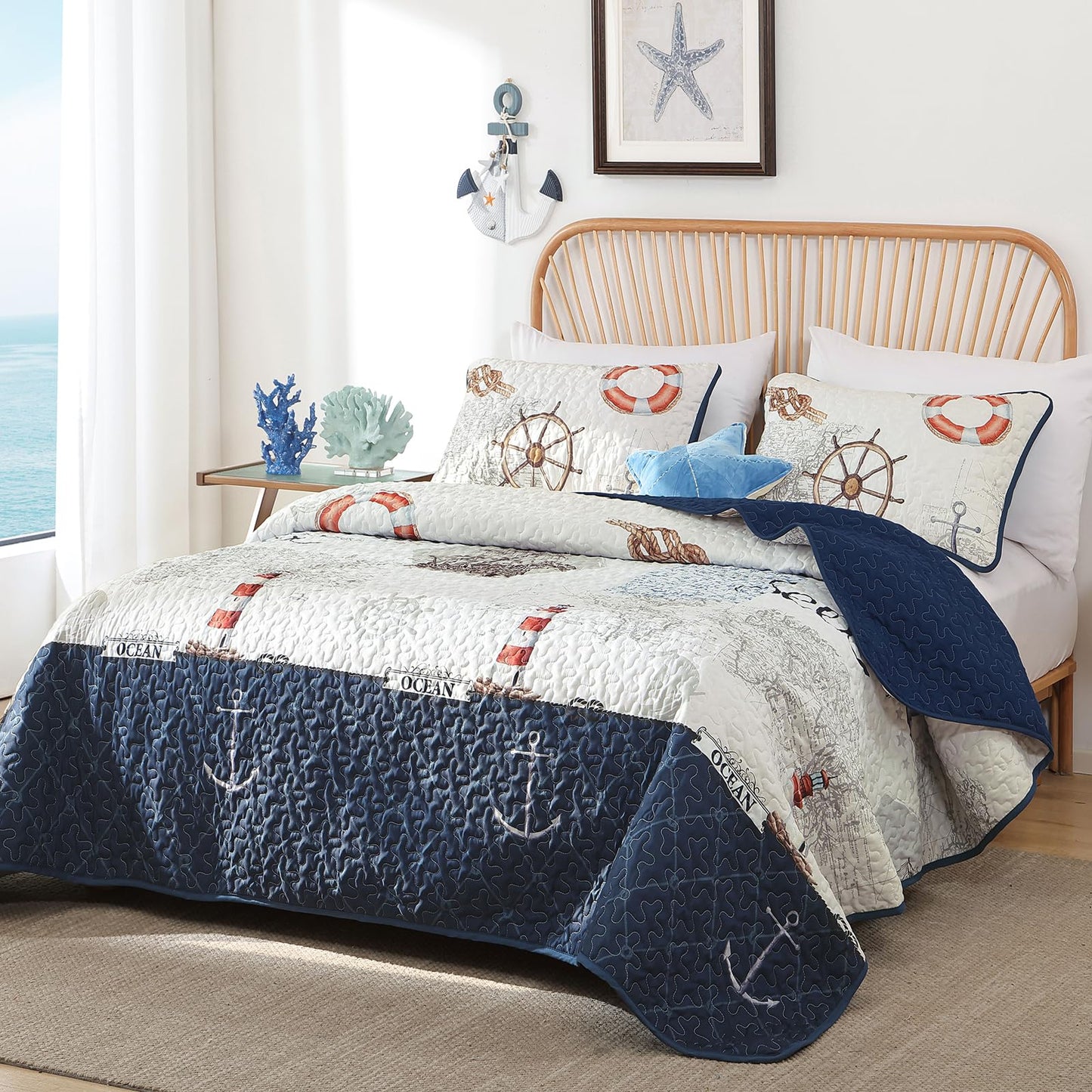 Djoymock Ocean King Size Quilt Set 3 Piece,Nautical Coastal Quilt Bedding Set with 2 Shams Soft Lightweight Beach Bedspread Coverlet Summer Reversible Microfiber Comforter Set for All Season, 104"x90"