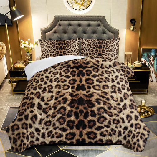 QOOMO 3Pcs Leopard Print Comforter Set Twin,Cheetah Bedding Set for Teens Boys Girls,Brown Leopard Printed Comforter with 2 Pillowcases,Down Alternative,Soft and Lightweight