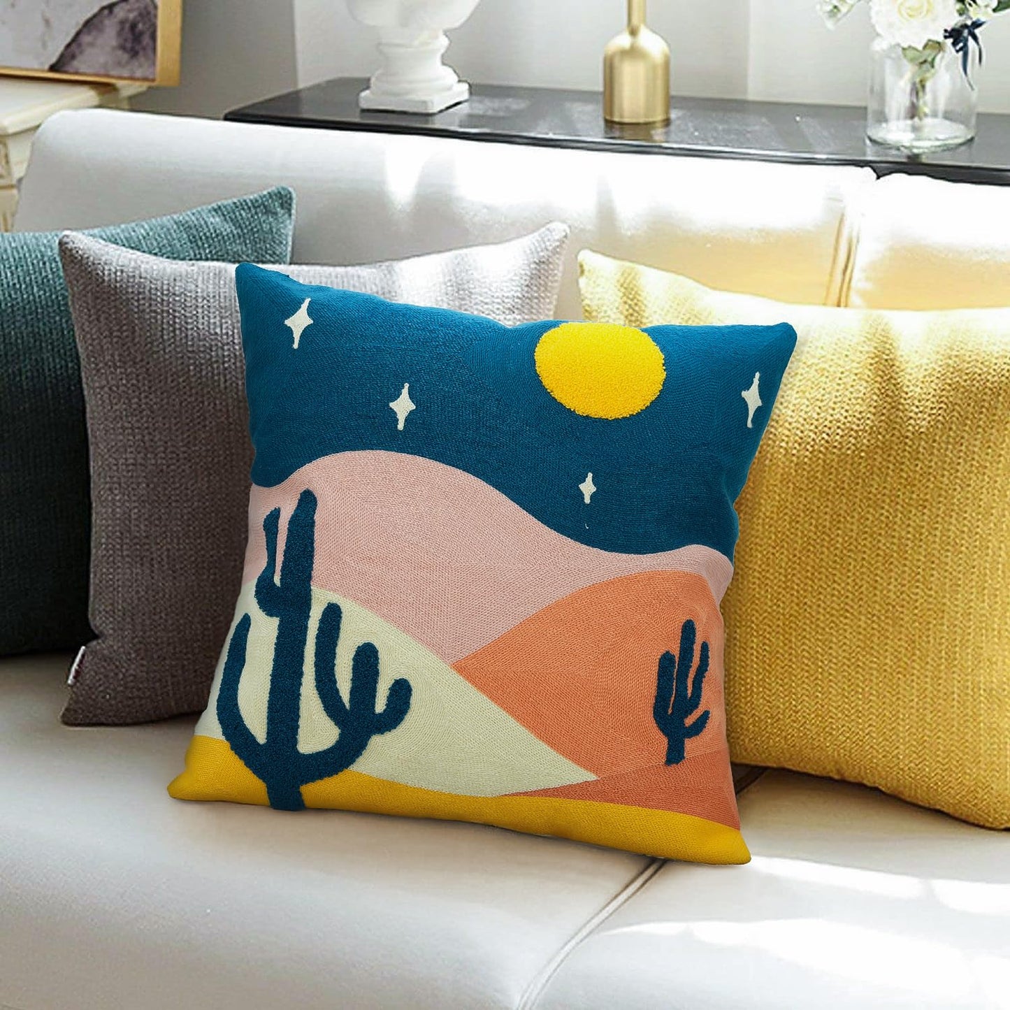JASEN Abstract Boho Pillow Covers 18x18,Soft Mid Century Geometric Cactus Decorative Throw Pillows for Couch Bed Sofa Bedroom（Only 1 Pillow Cover） (Cactus, 18" x 18")