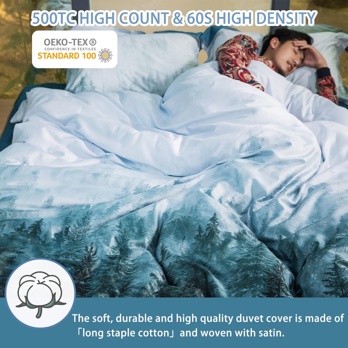 MILDLY 100% Long Staple Cotton Mountain Duvet Cover Set, Blue Green Gradient Trees Pattern Printed Comforter Cover Set